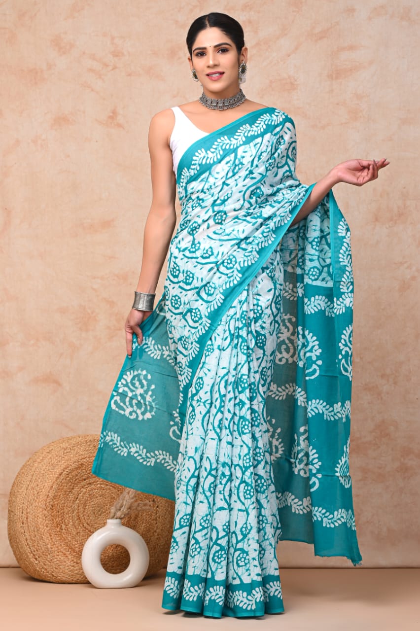 Blue Beanstalk Mul Cotton Ready To Wear Pocket Saree