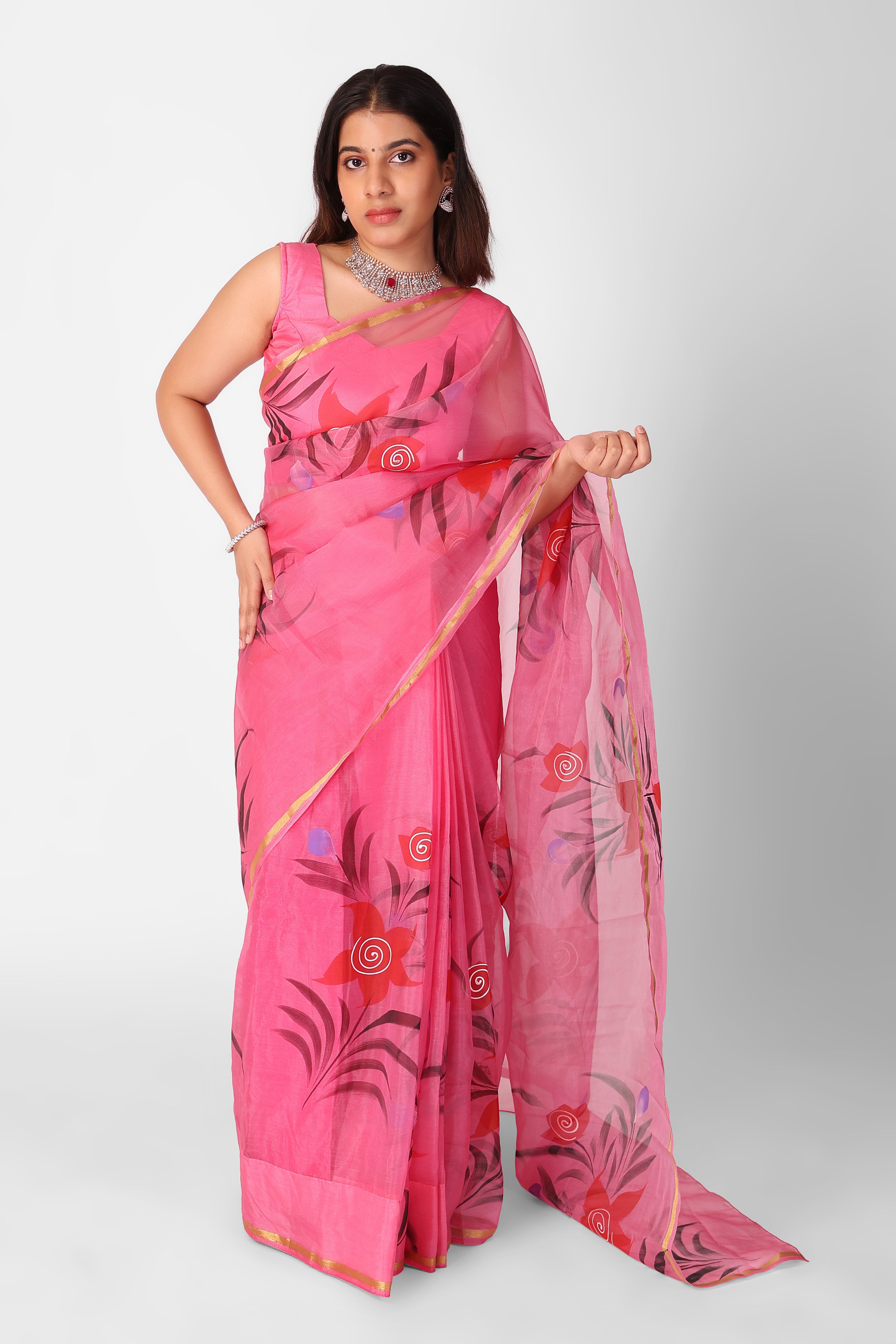 Pink Elegance Organza Ready To Wear Pocket Saree