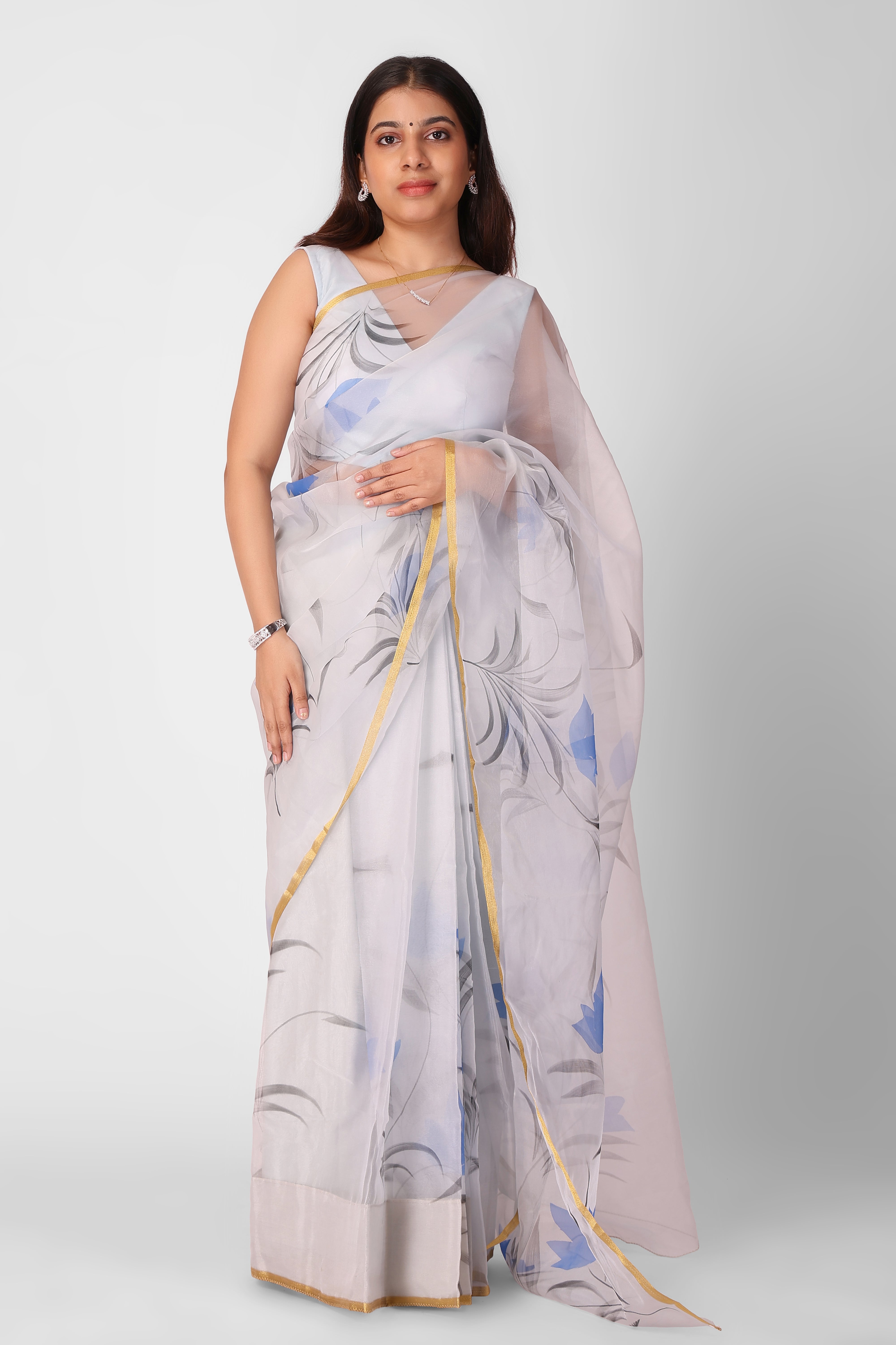 Cold Blue Organza Ready-to-Wear Pocket Saree