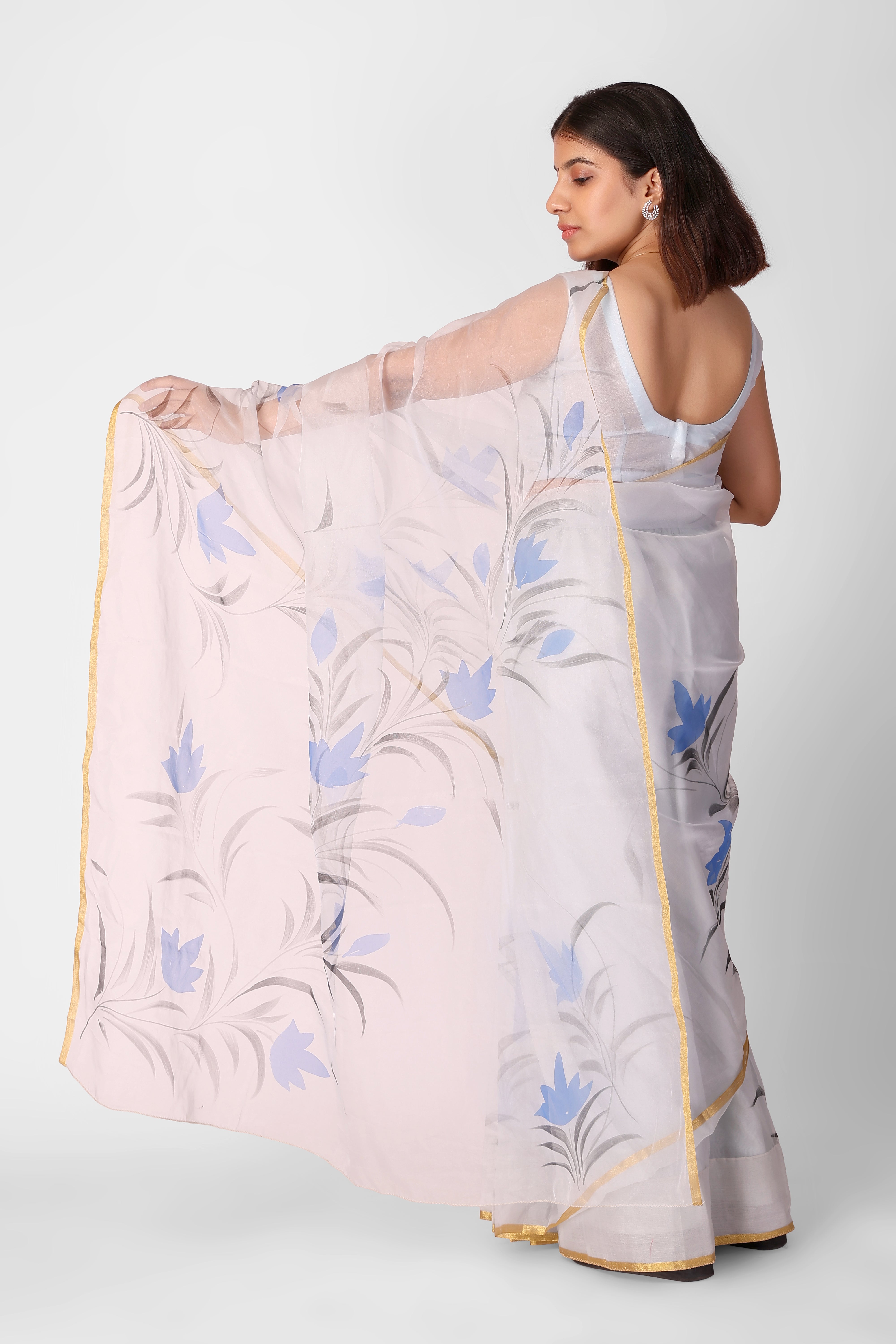 Cold Blue Organza Ready-to-Wear Pocket Saree