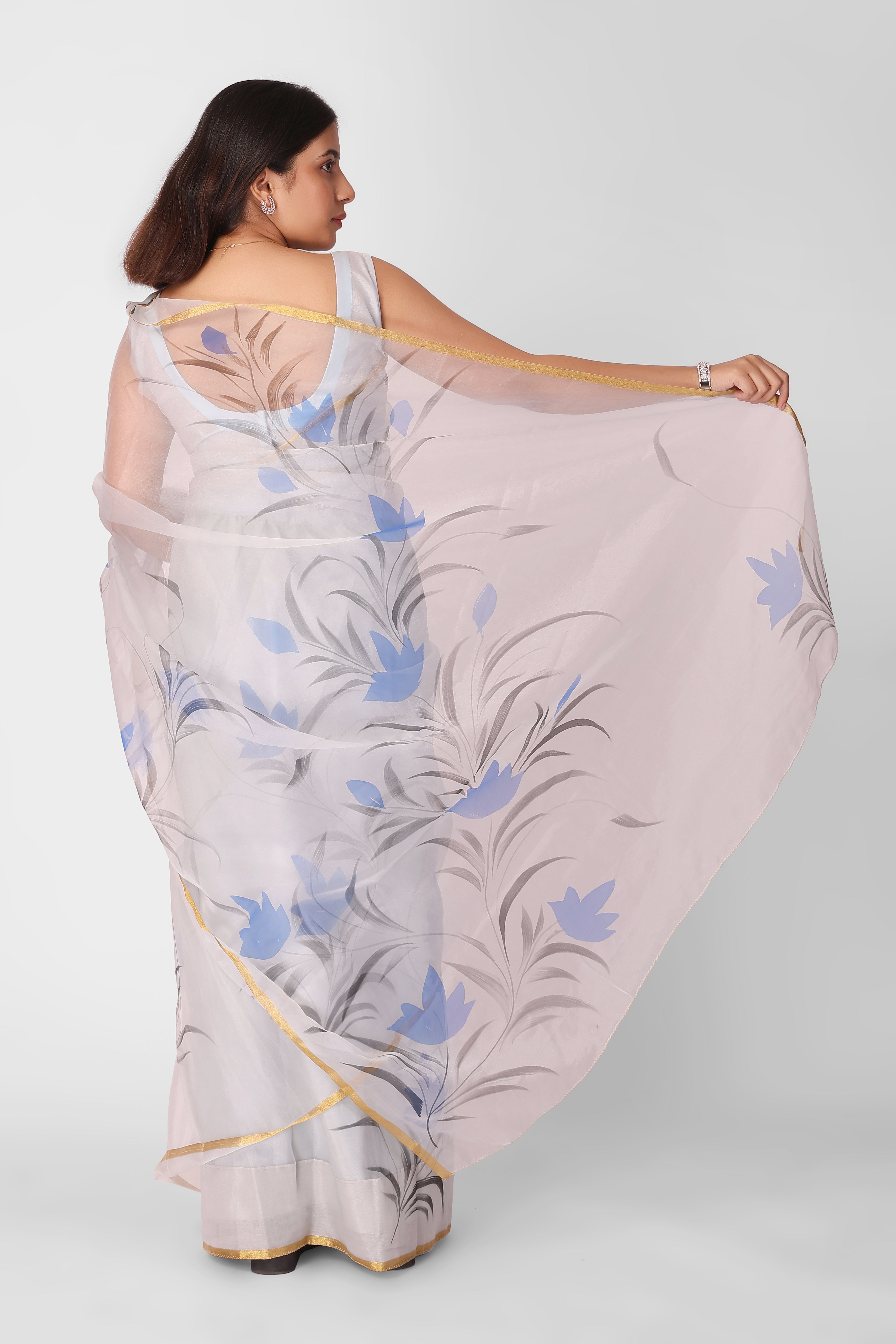 Cold Blue Organza Ready-to-Wear Pocket Saree