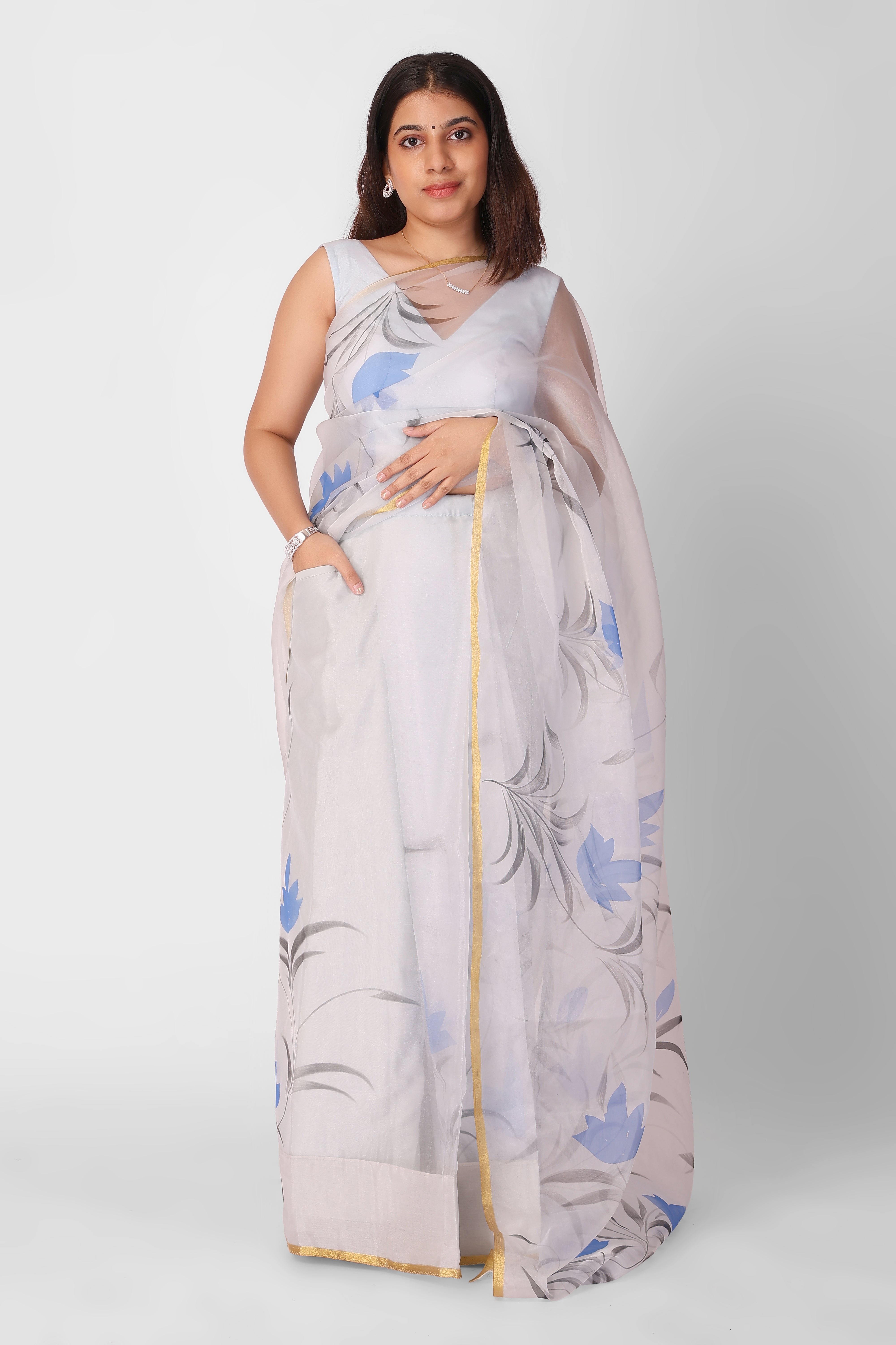 Cold Blue Organza Ready-to-Wear Pocket Saree