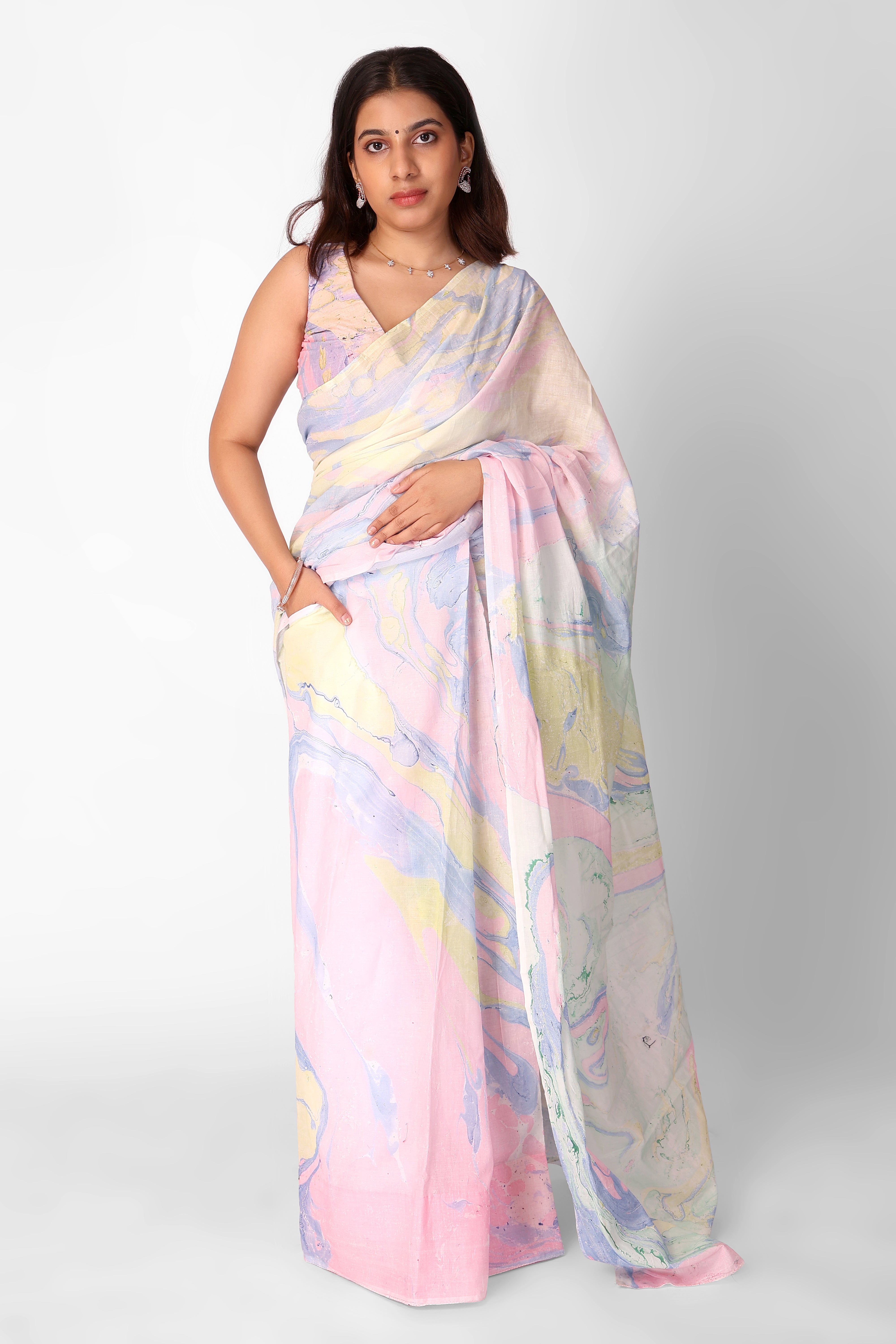 Galaxy Marble Mul Cotton Ready-To-Wear Pocket Saree