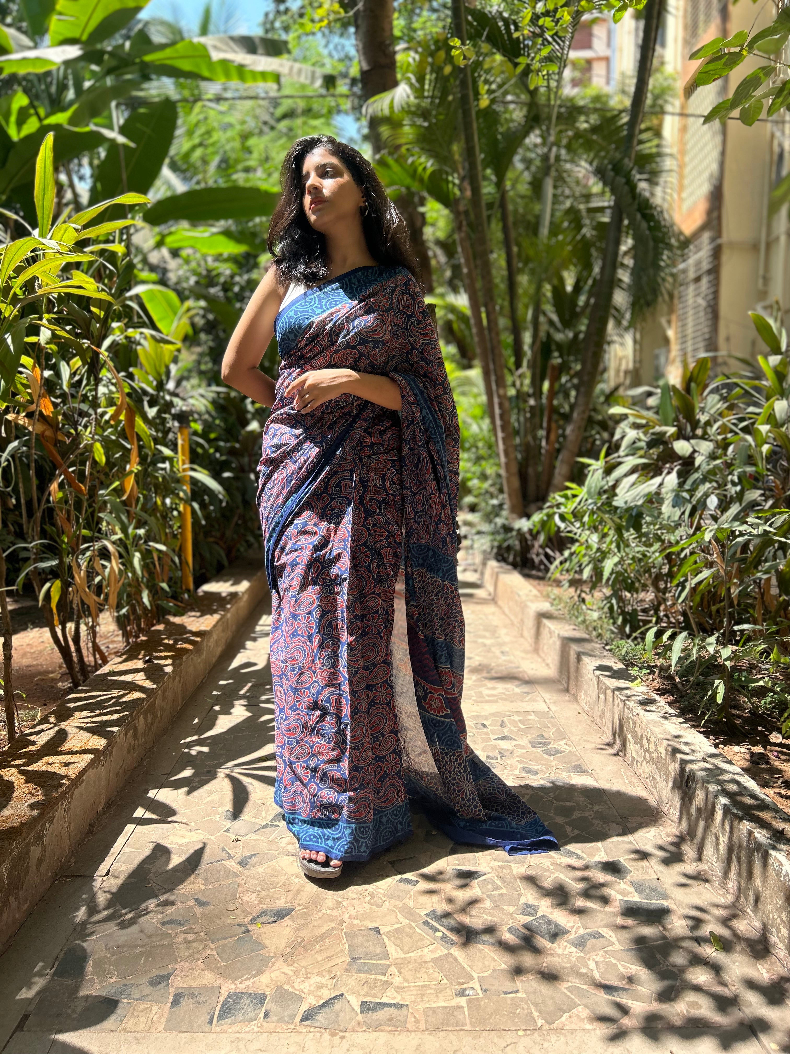 Enchanted Forest Mul Cotton Hand Block Printed Ready To Wear  Pocket Saree - Aseem Shakti