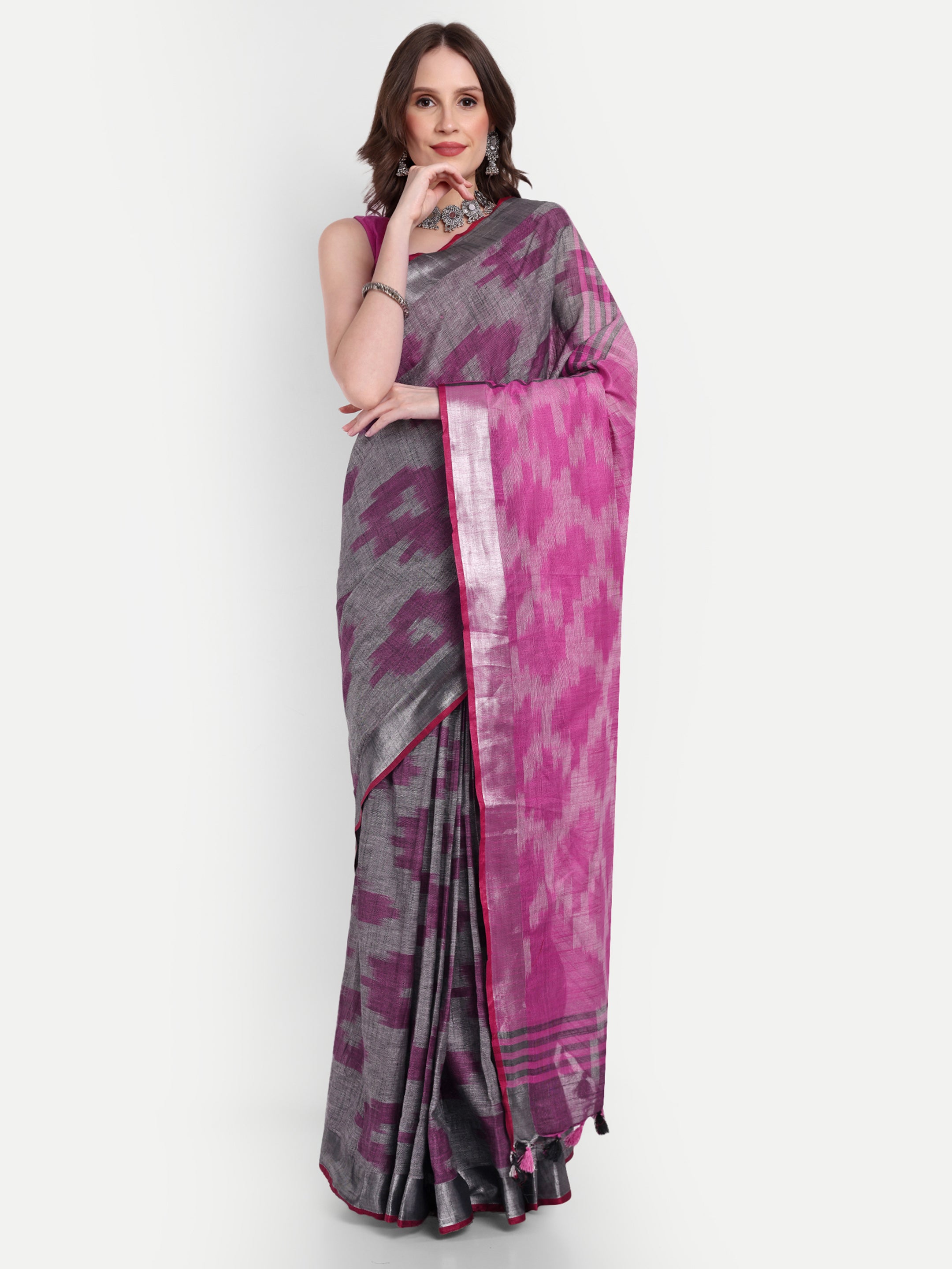 Grey Blush Ikat Cotton Ready To Wear Pocket Saree