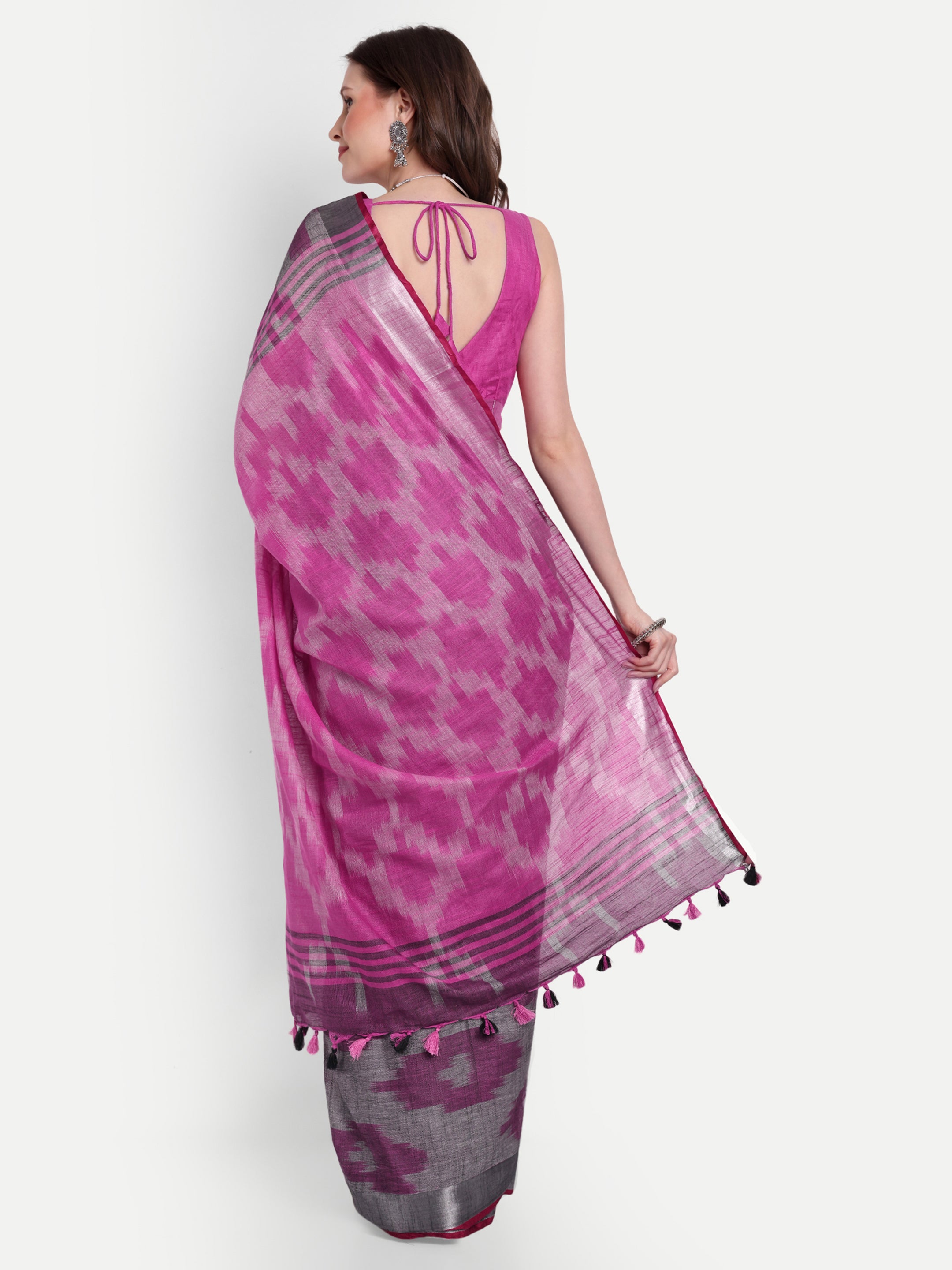 Grey Blush Ikat Cotton Ready To Wear Pocket Saree