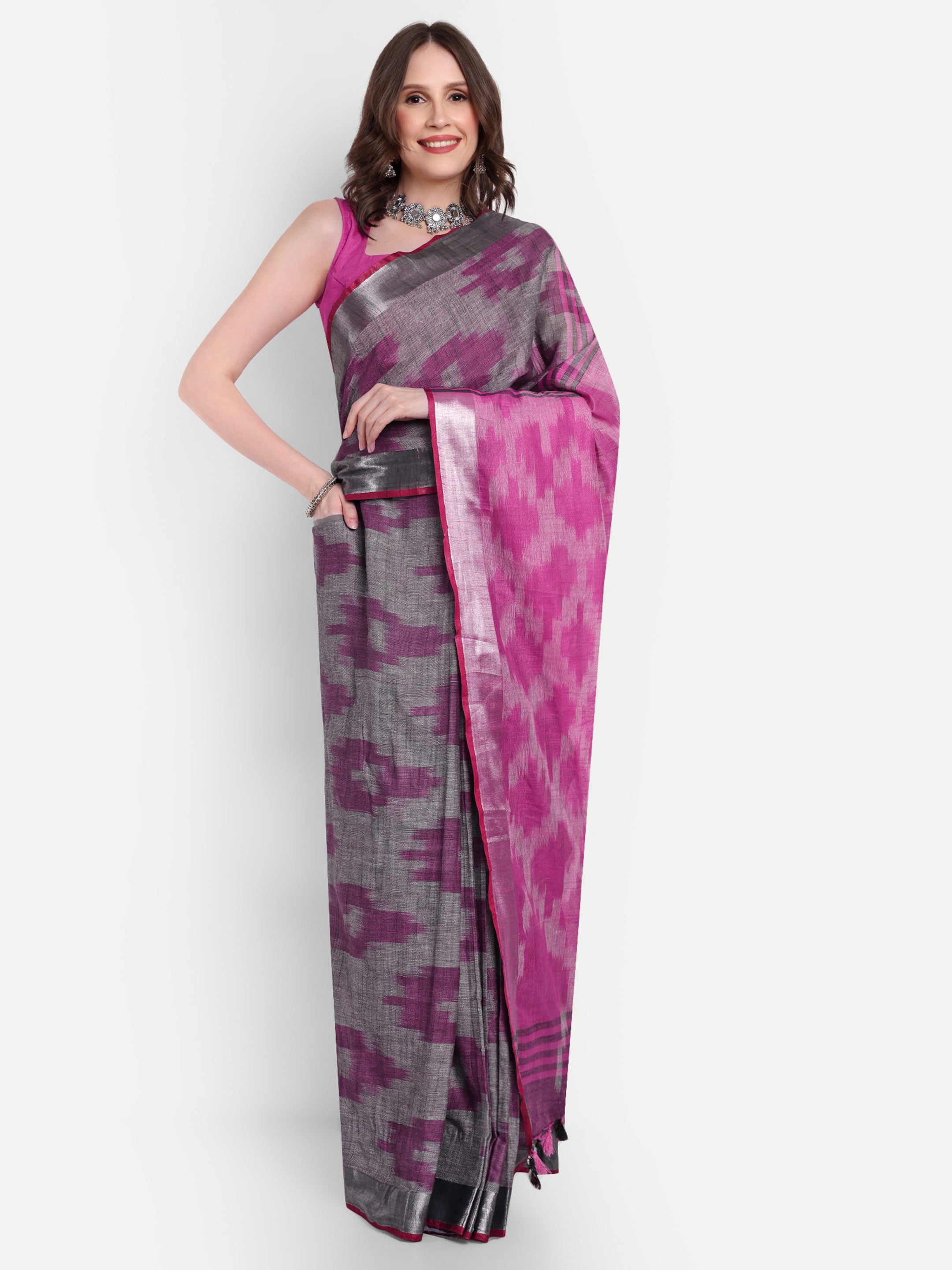 Grey Blush Ikat Cotton Ready To Wear Pocket Saree