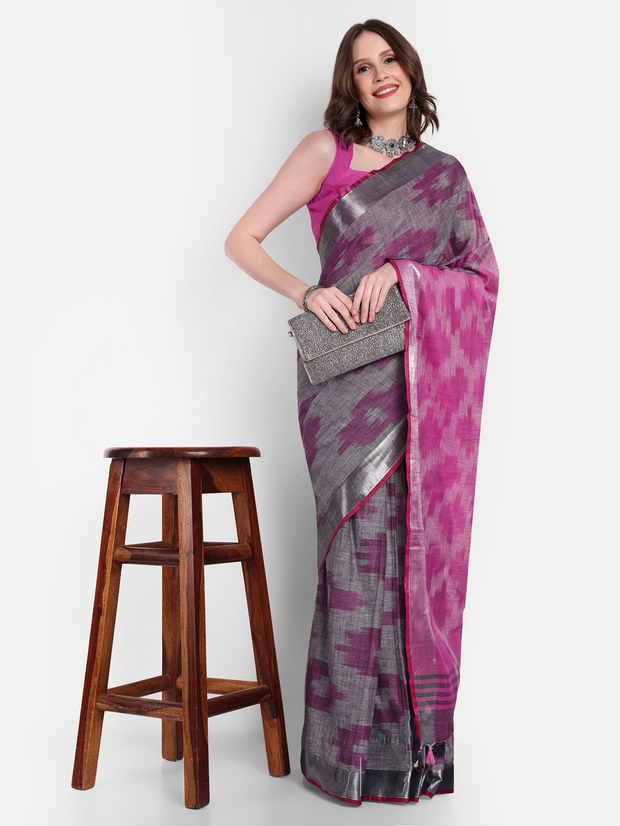 Grey Blush Ikat Cotton Ready To Wear Pocket Saree