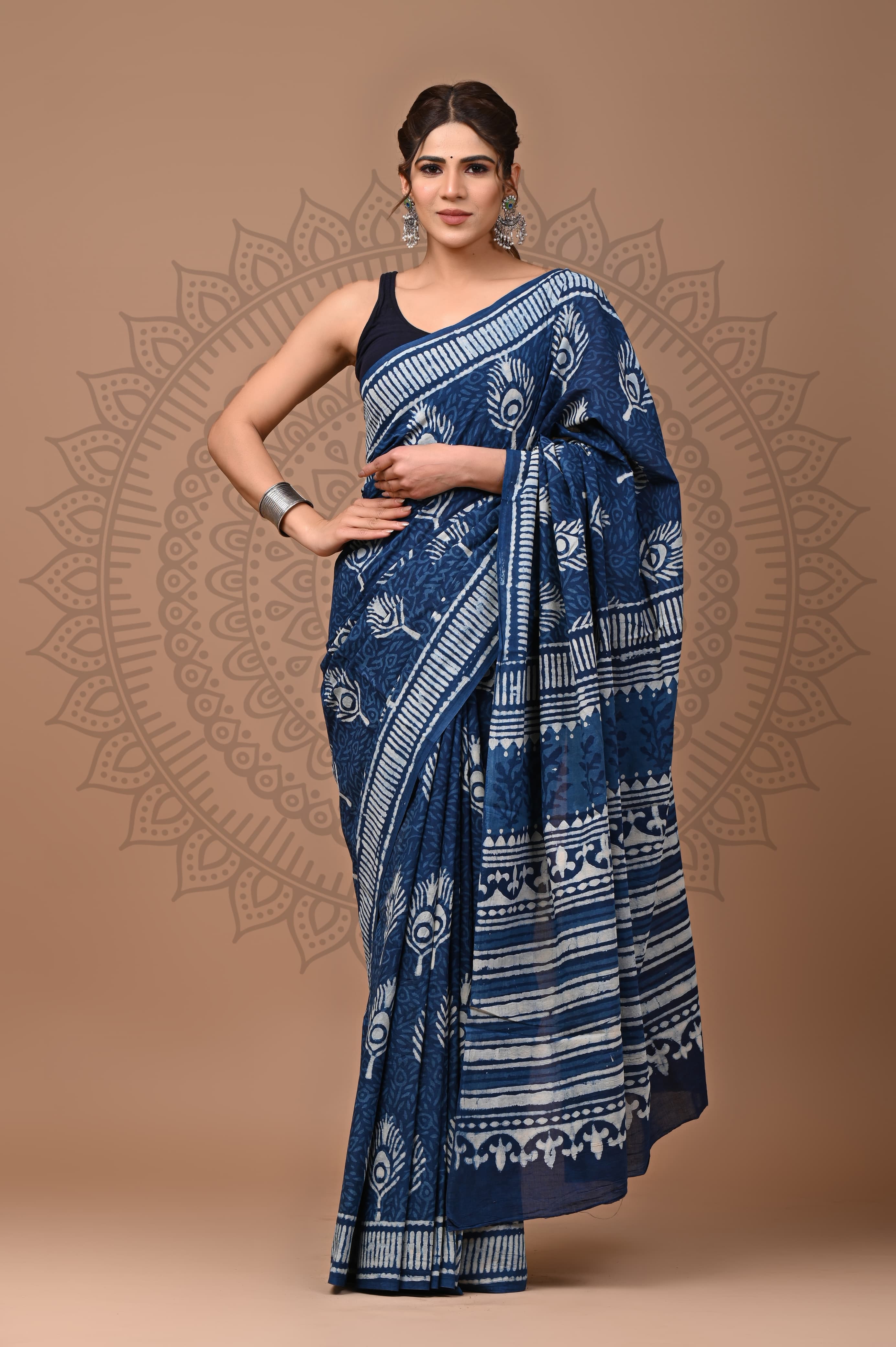 Indigo Fern Mul Cotton Ready To Wear Pocket Saree