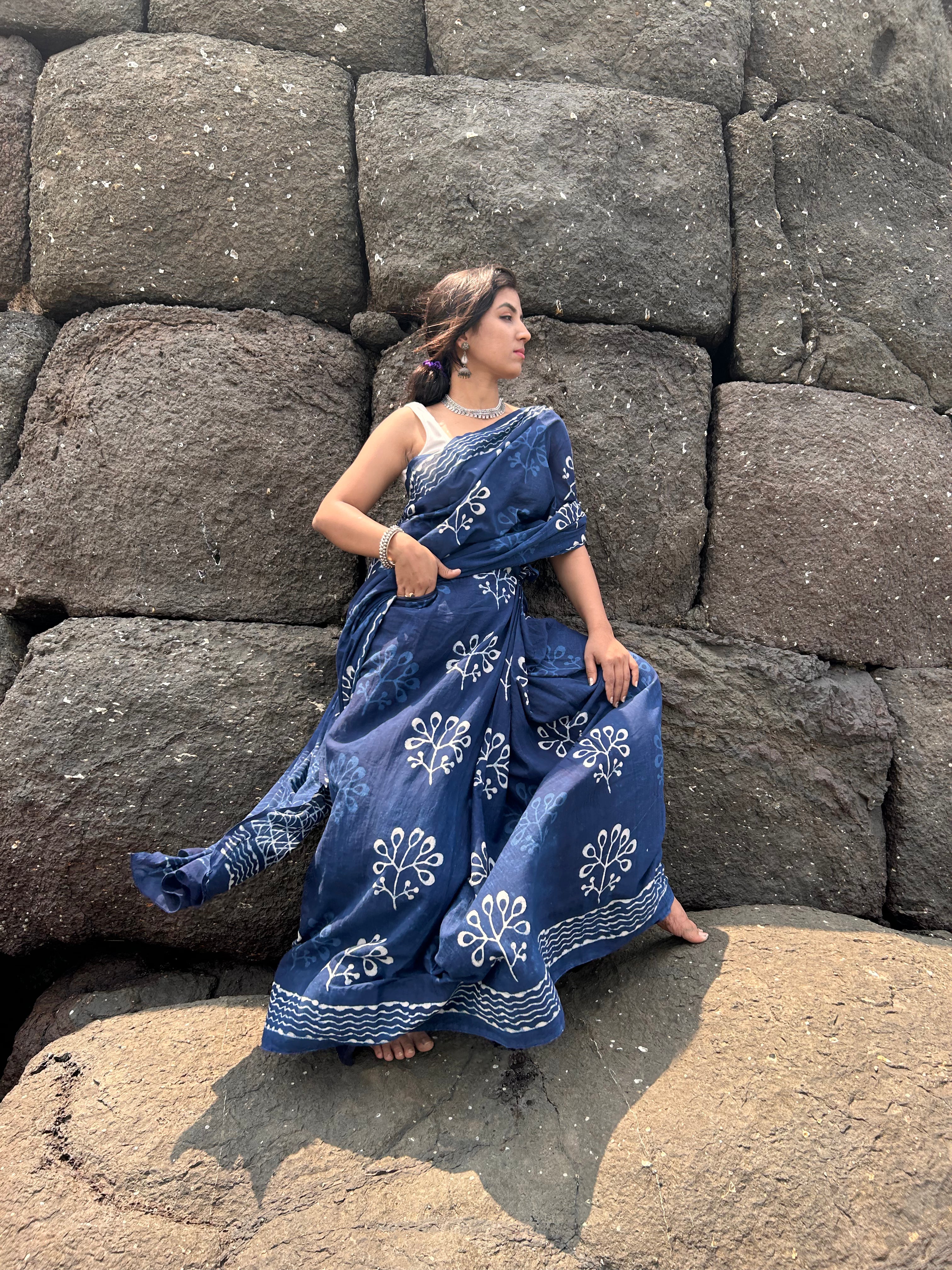 Aquamarine Mul Cotton Ready-To-Wear Pocket Saree