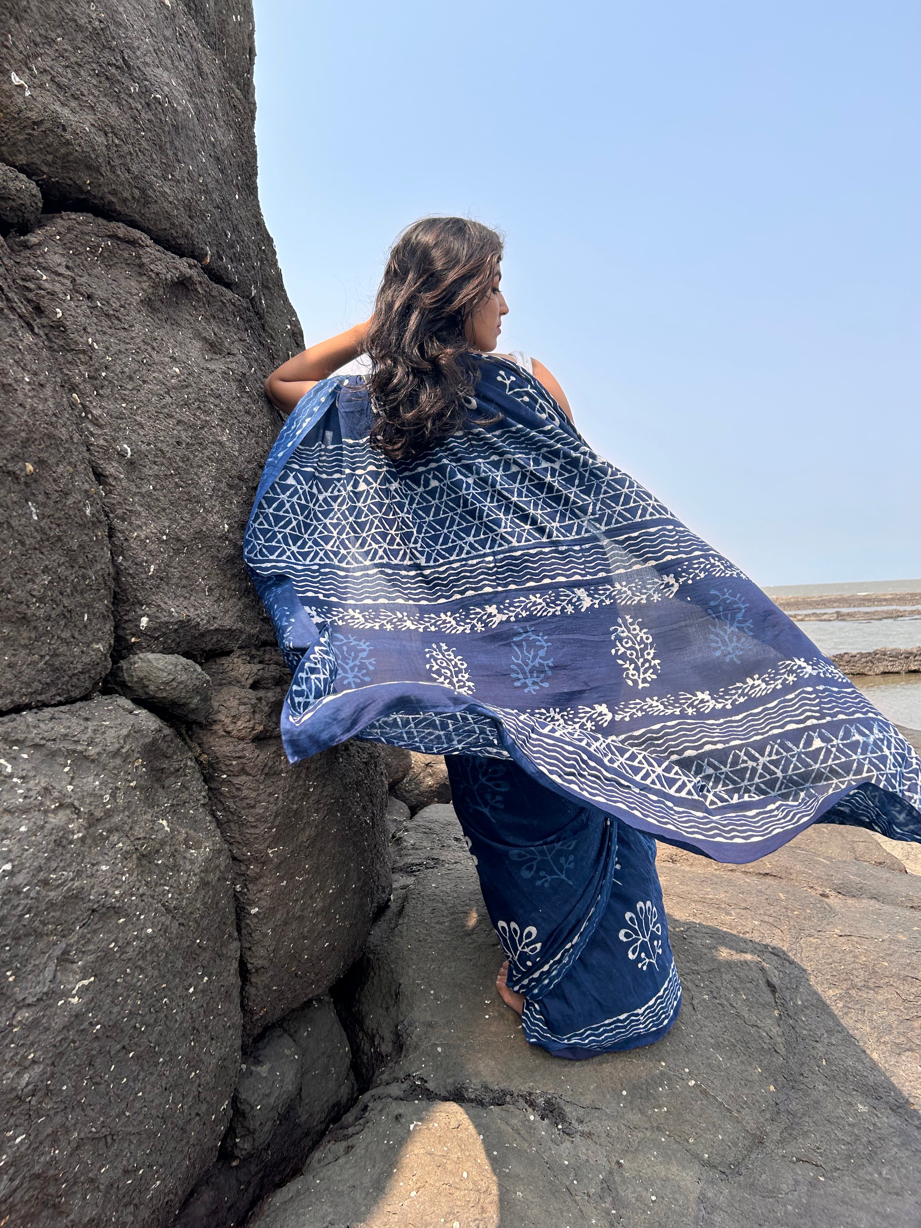 Aquamarine Mul Cotton Ready-To-Wear Pocket Saree