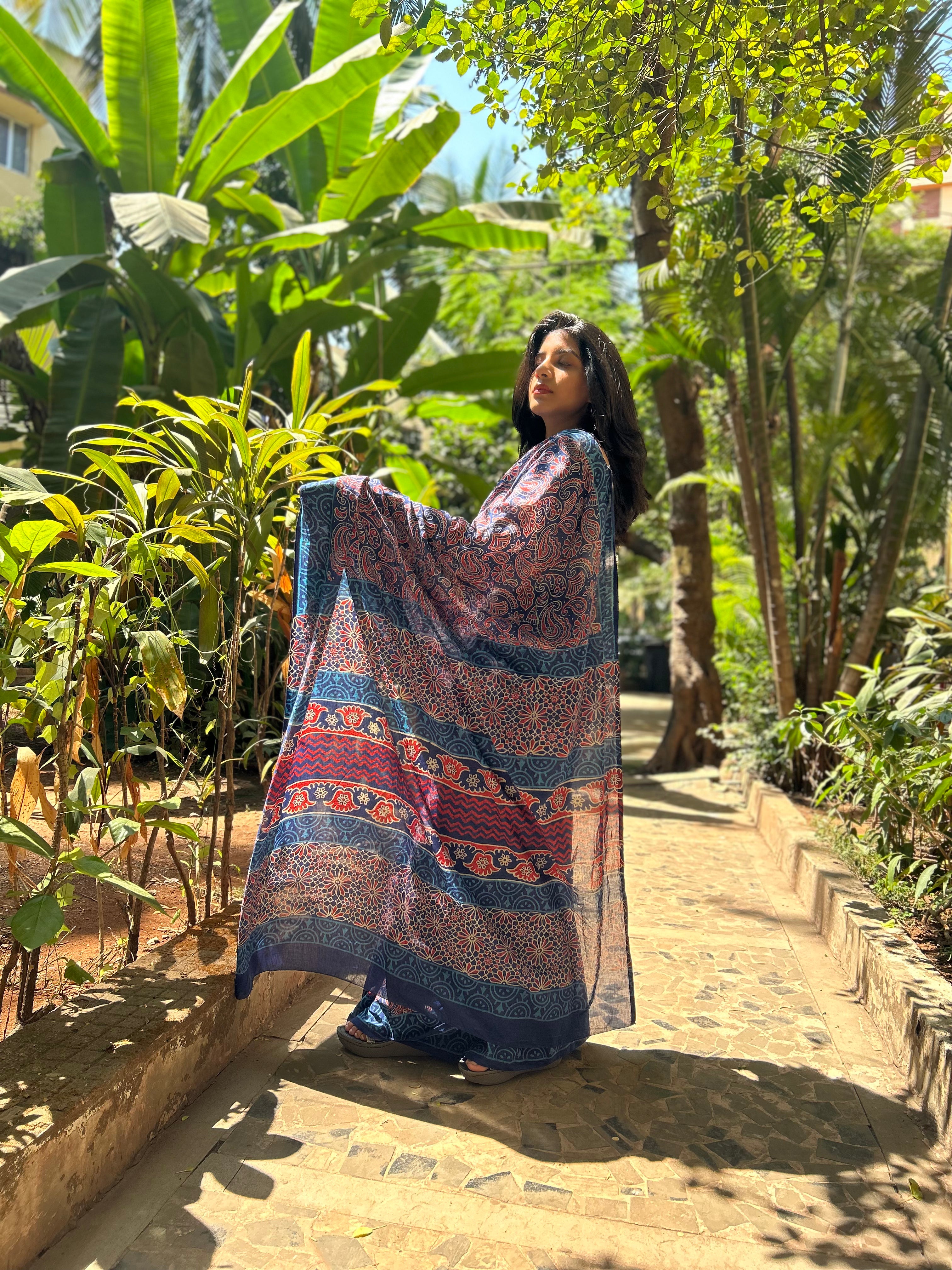 Enchanted Forest Mul Cotton Hand Block Printed Ready To Wear  Pocket Saree - Aseem Shakti