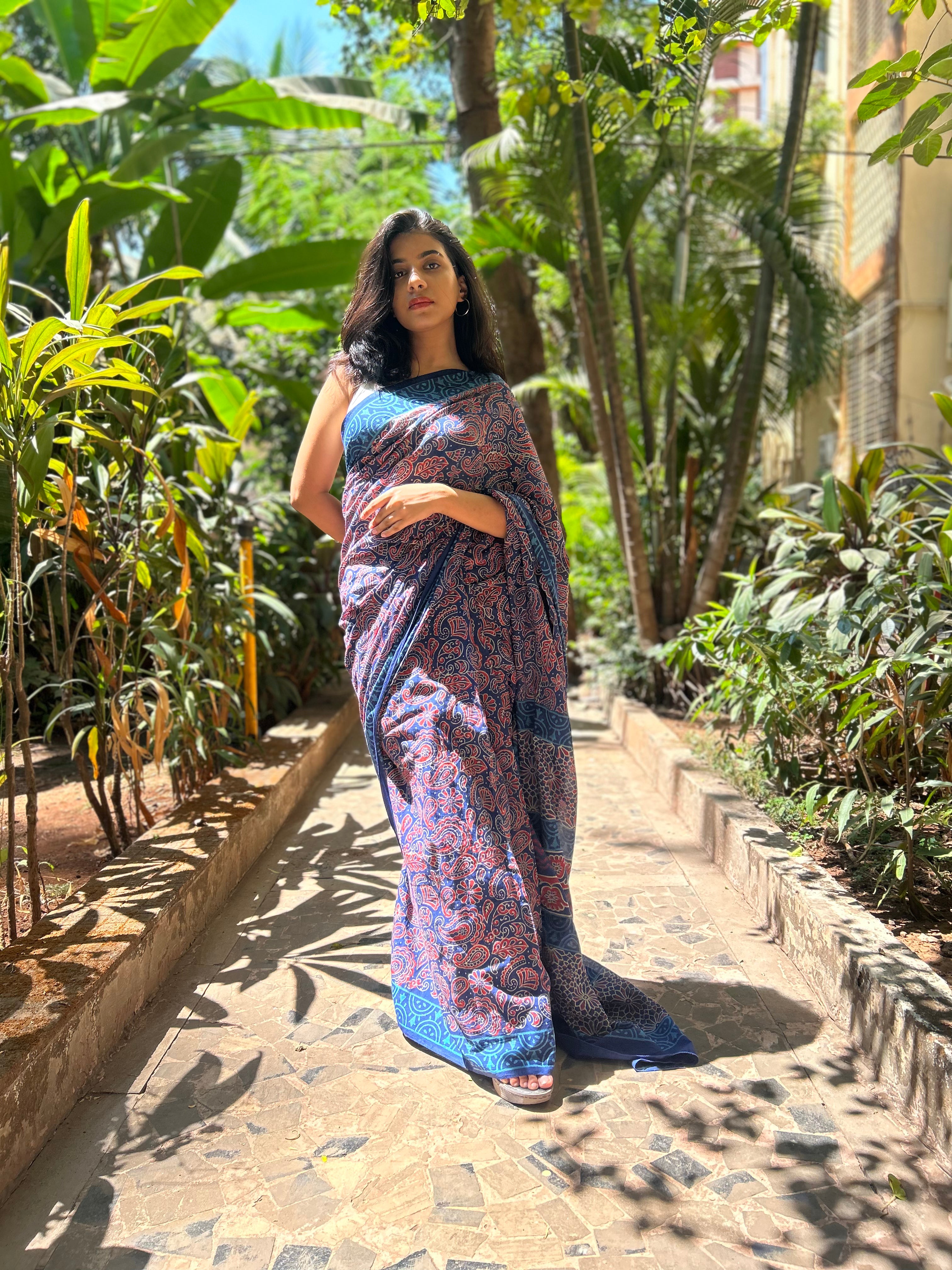 Enchanted Forest Mul Cotton Hand Block Printed Ready To Wear  Pocket Saree - Aseem Shakti