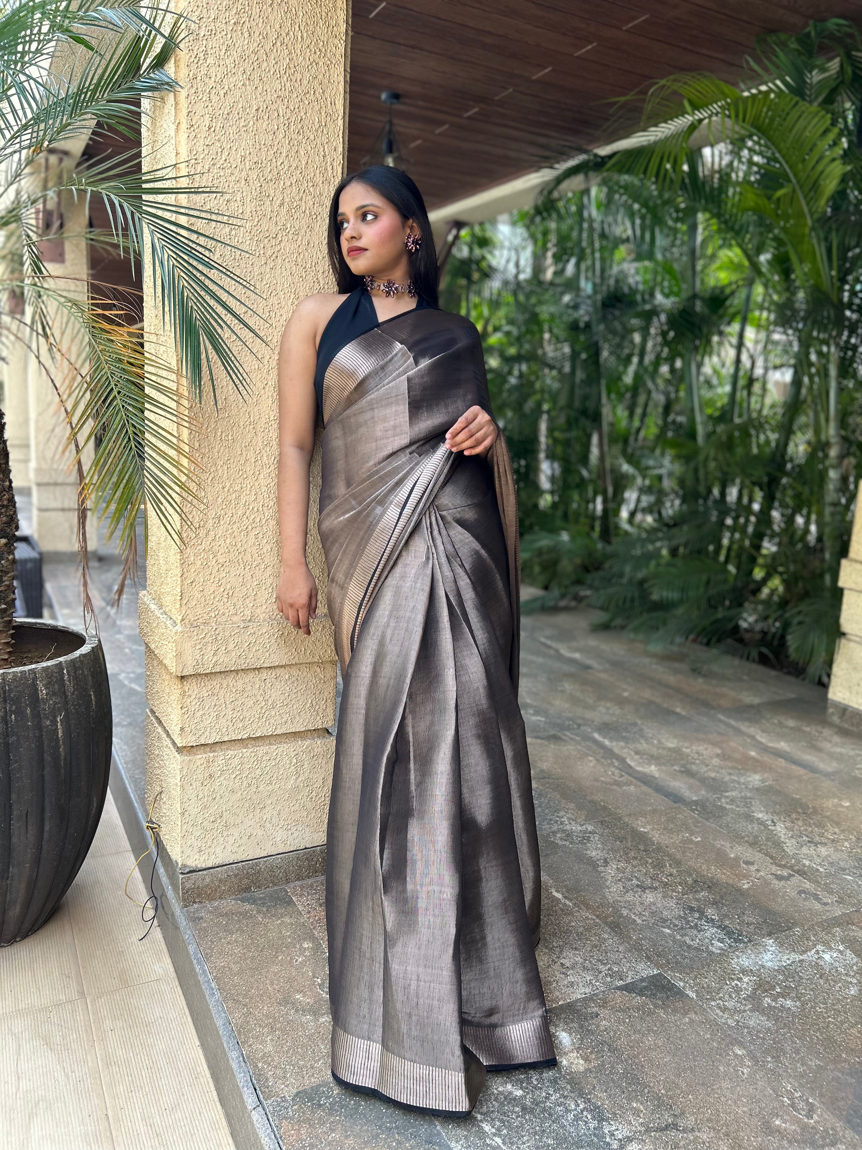 Cosmic Coal Linen Tissue Ready To Wear Pocket Saree