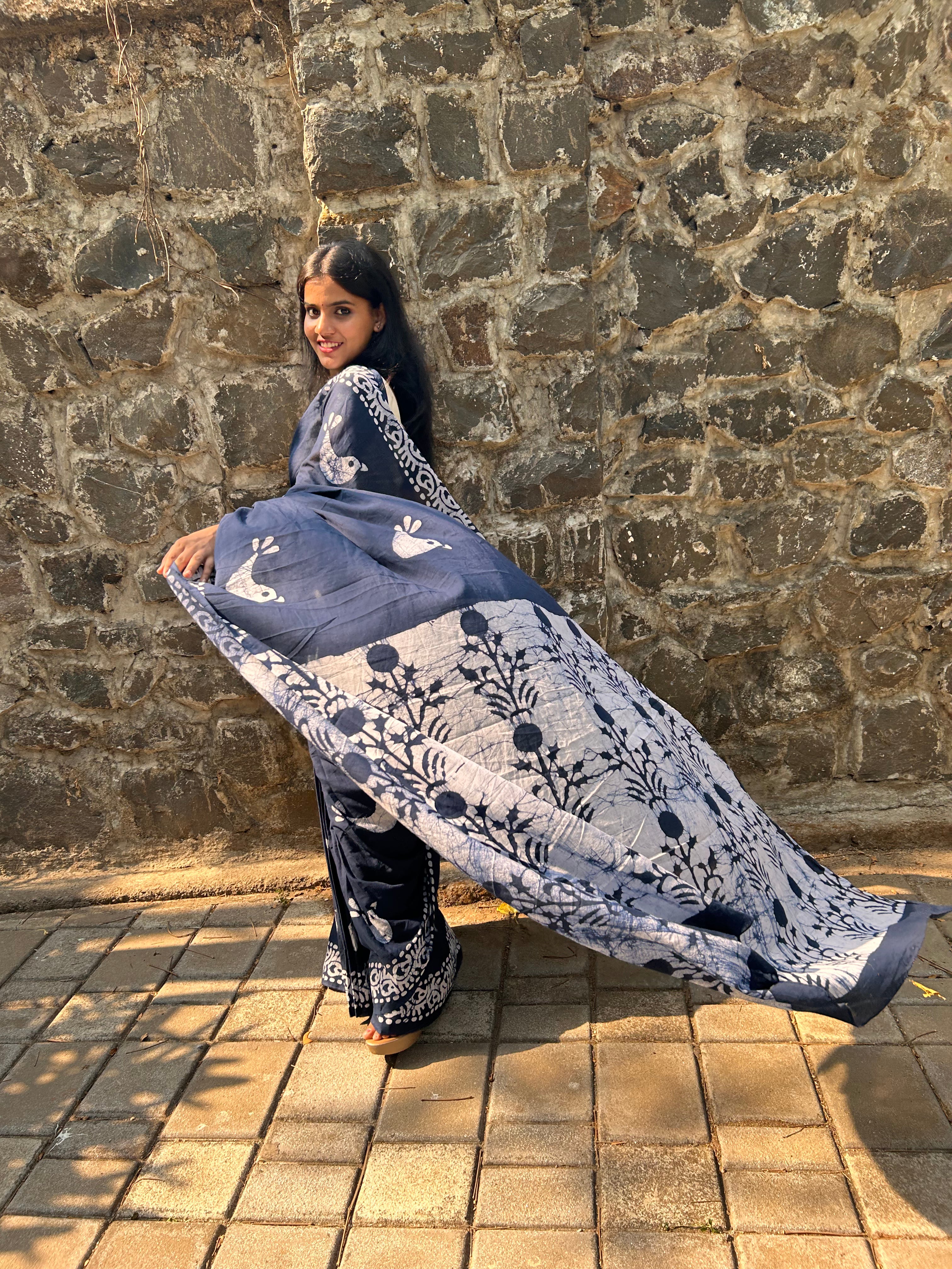 Bird Song Mul Cotton Hand Block Printed Ready-to-wear Pocket Saree