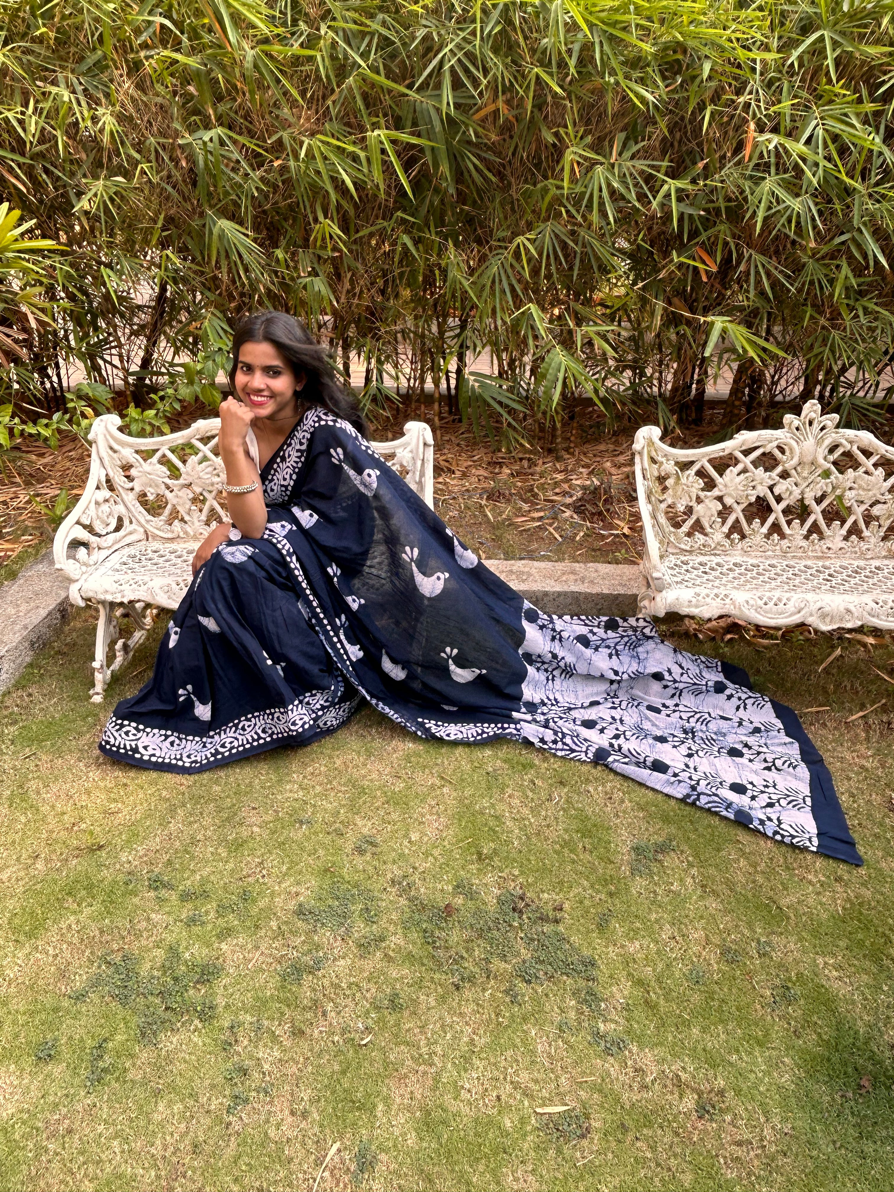 Bird Song Mul Cotton Hand Block Printed Ready-to-wear Pocket Saree