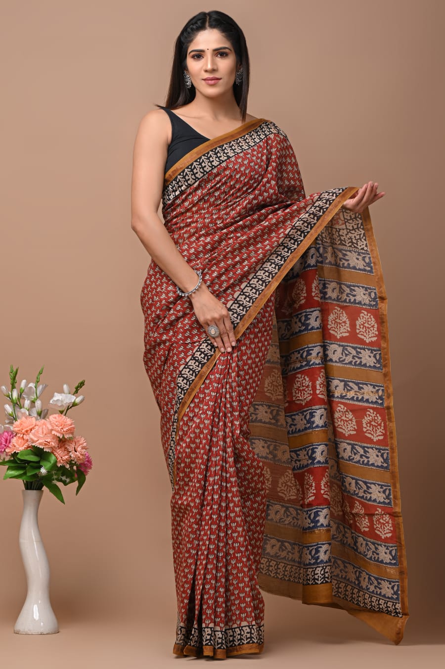 Labong Latika Chanderi Silk Hand Block Print Ready-to-Wear Pocket Saree