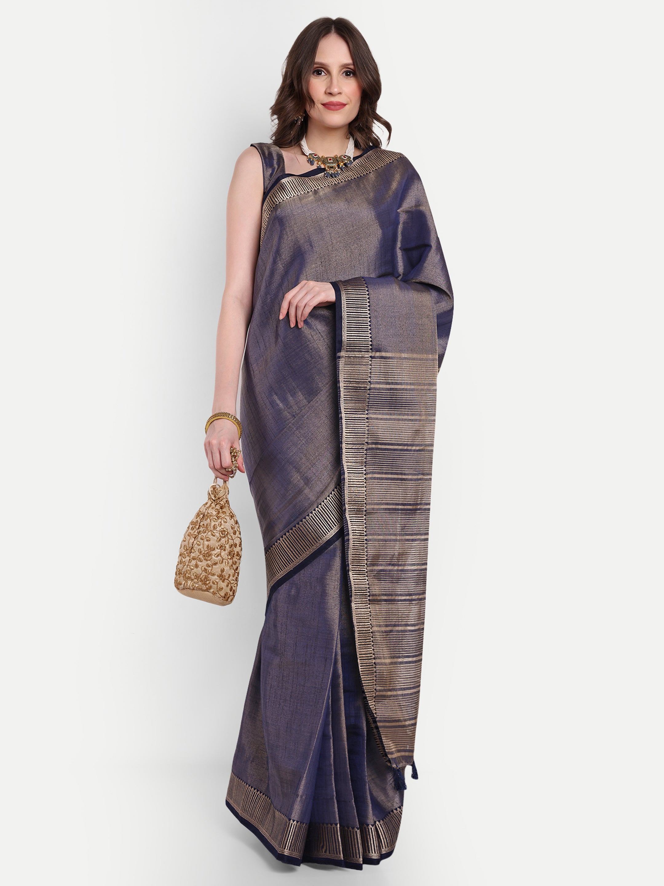 Luminous Blue Linen Tissue Ready To Wear Pocket Saree