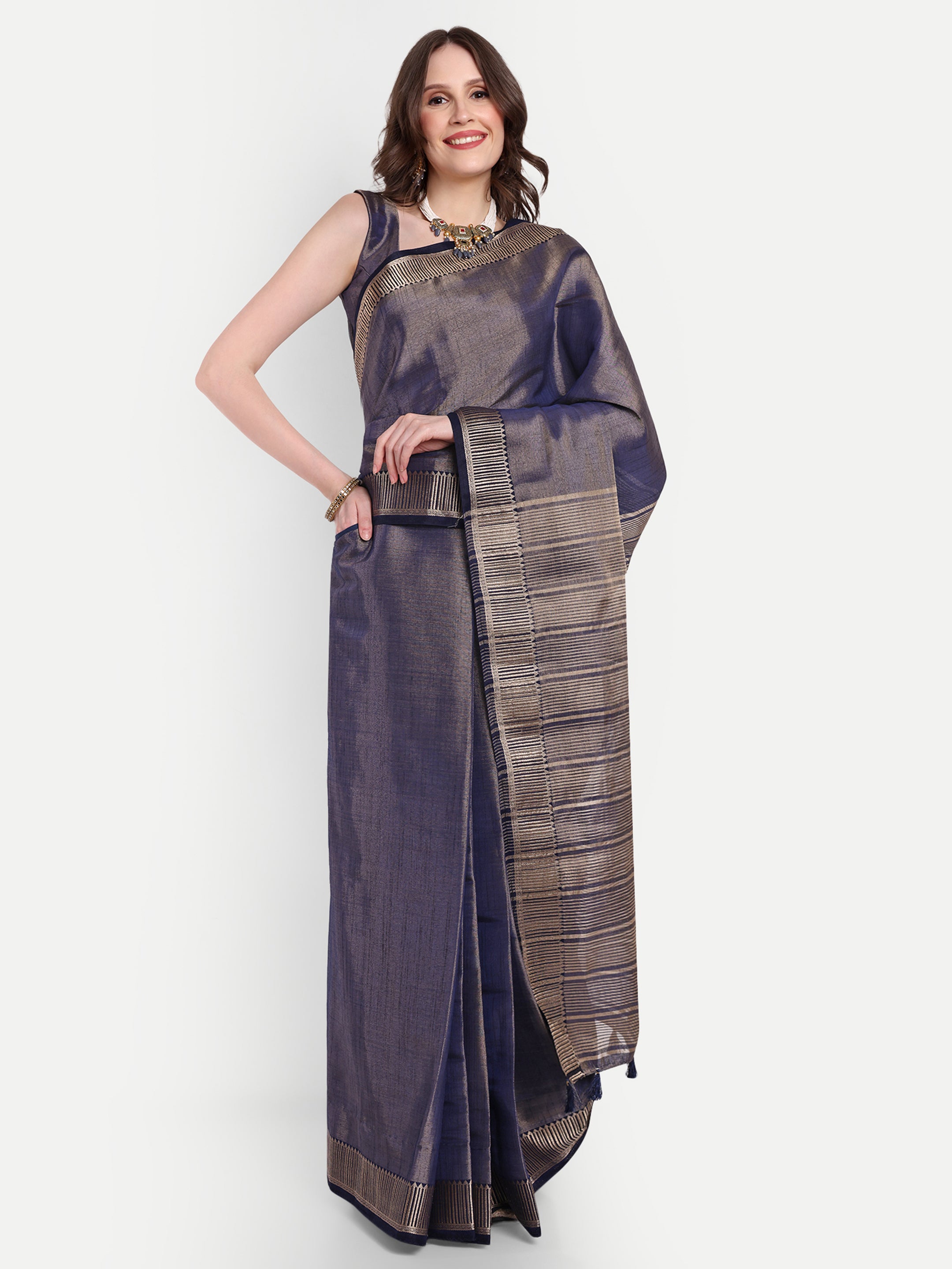 Luminous Blue Linen Tissue Ready To Wear Pocket Saree