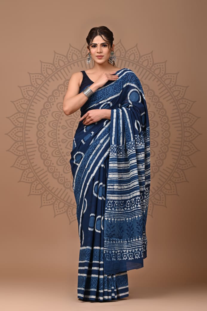 Lunar Swirls Indigo Mul Cotton Ready to Wear Pocket Saree