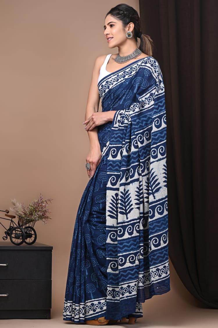 Moana Indigo Mul Cotton Ready to Wear Pocket Saree