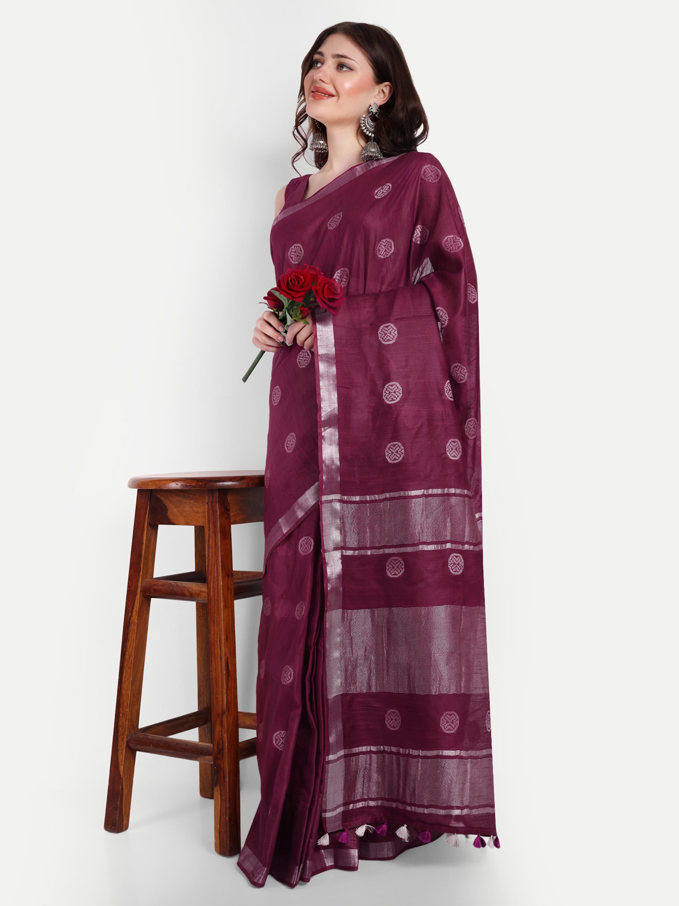 Silver Moon Maroon Katan Silk Ready To Wear Pocket Saree