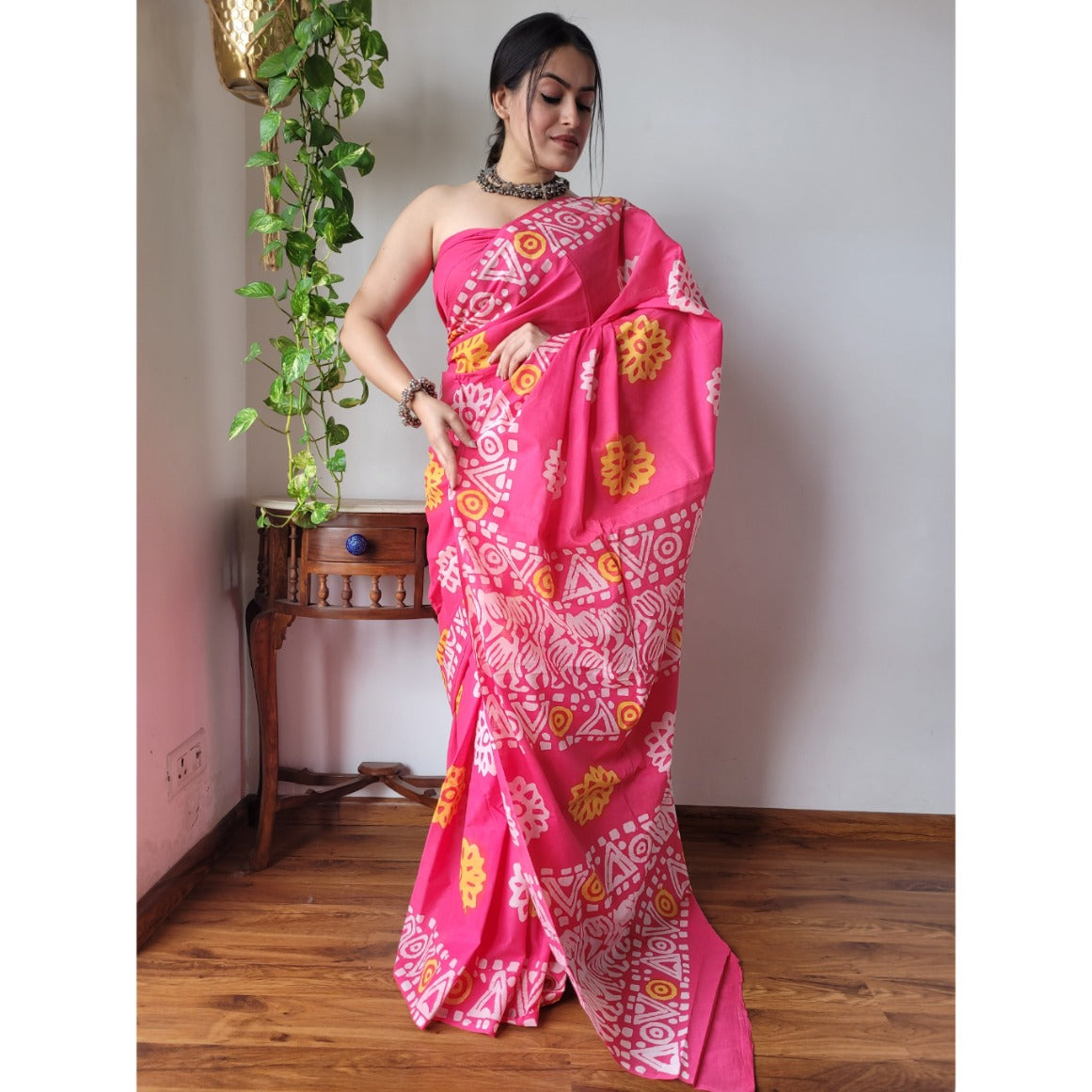 Pink Flora Mul Cotton Ready To Wear Pocket Saree