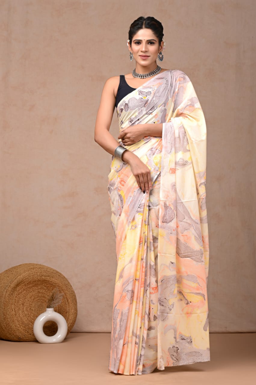 Ivory Marble Mul Cotton Ready-To-Wear Pocket Saree