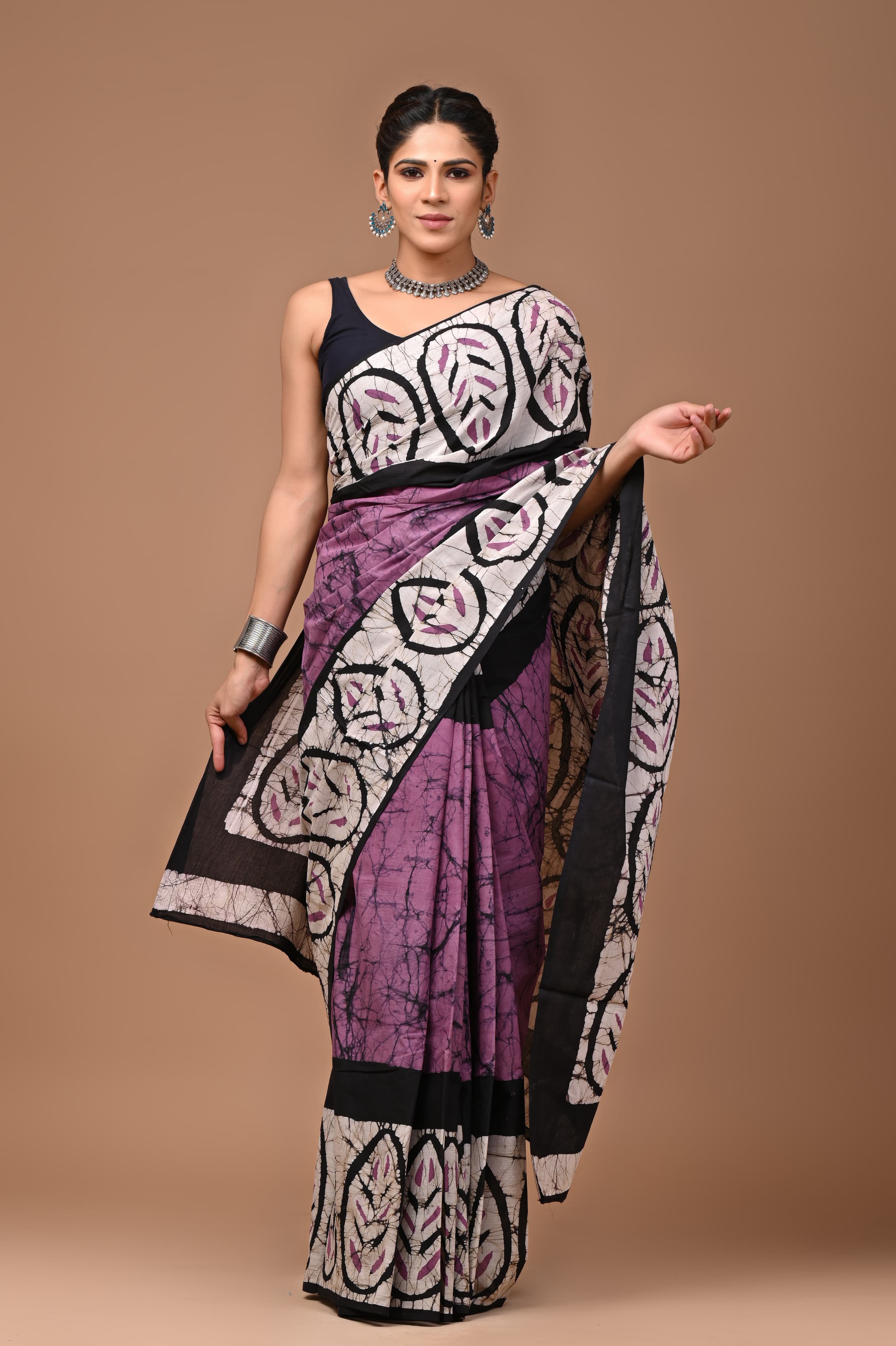 Leaf Mauve Mul Cotton Ready-To-Wear Pocket Saree