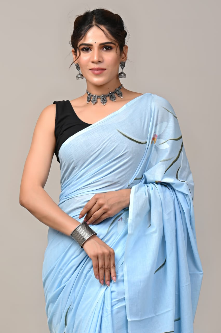 Blue Serenity Mul Cotton Ready To Wear Pocket Saree