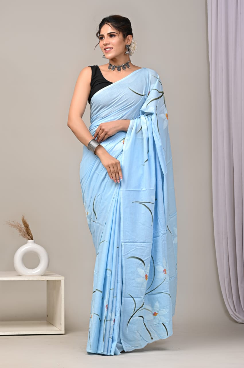 Blue Serenity Mul Cotton Ready To Wear Pocket Saree