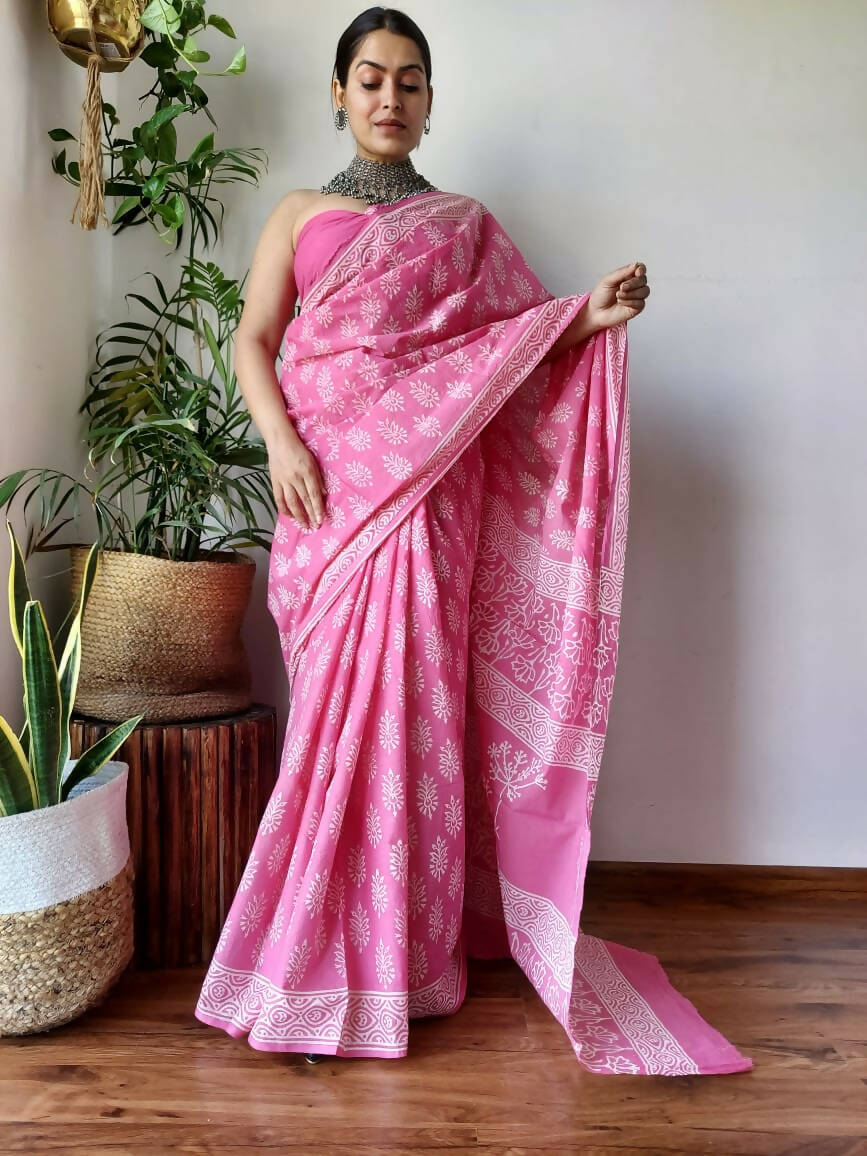 Delicate Drapes Mul Cotton Hand Block Printed Ready To Wear Pocket Saree