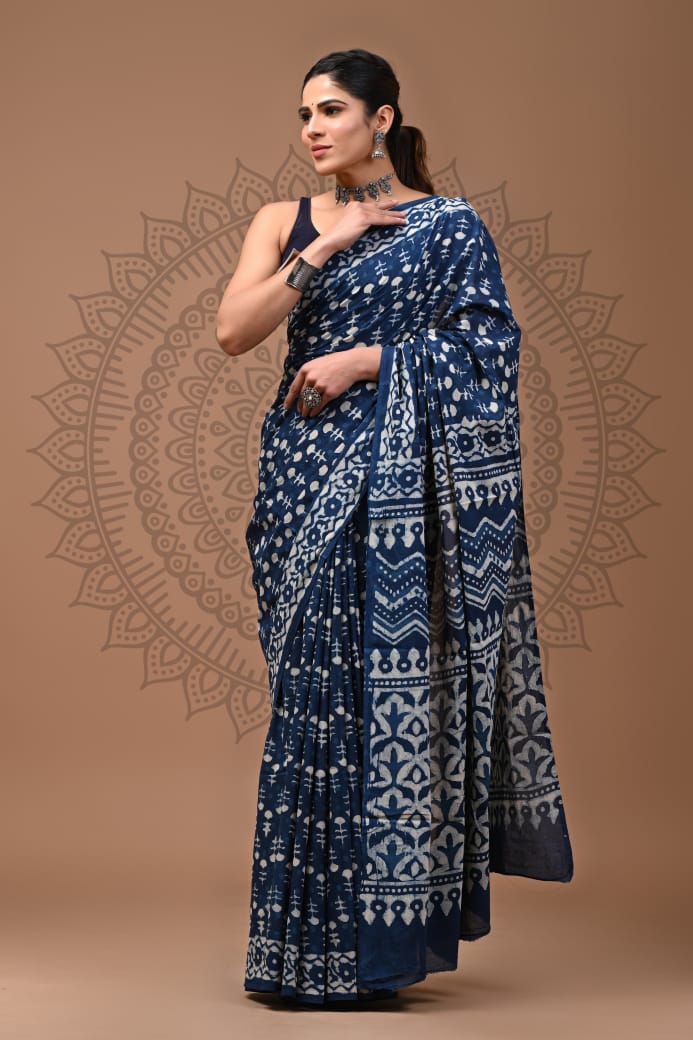 Mandala Indigo Mul Cotton Ready to Wear Pocket Saree