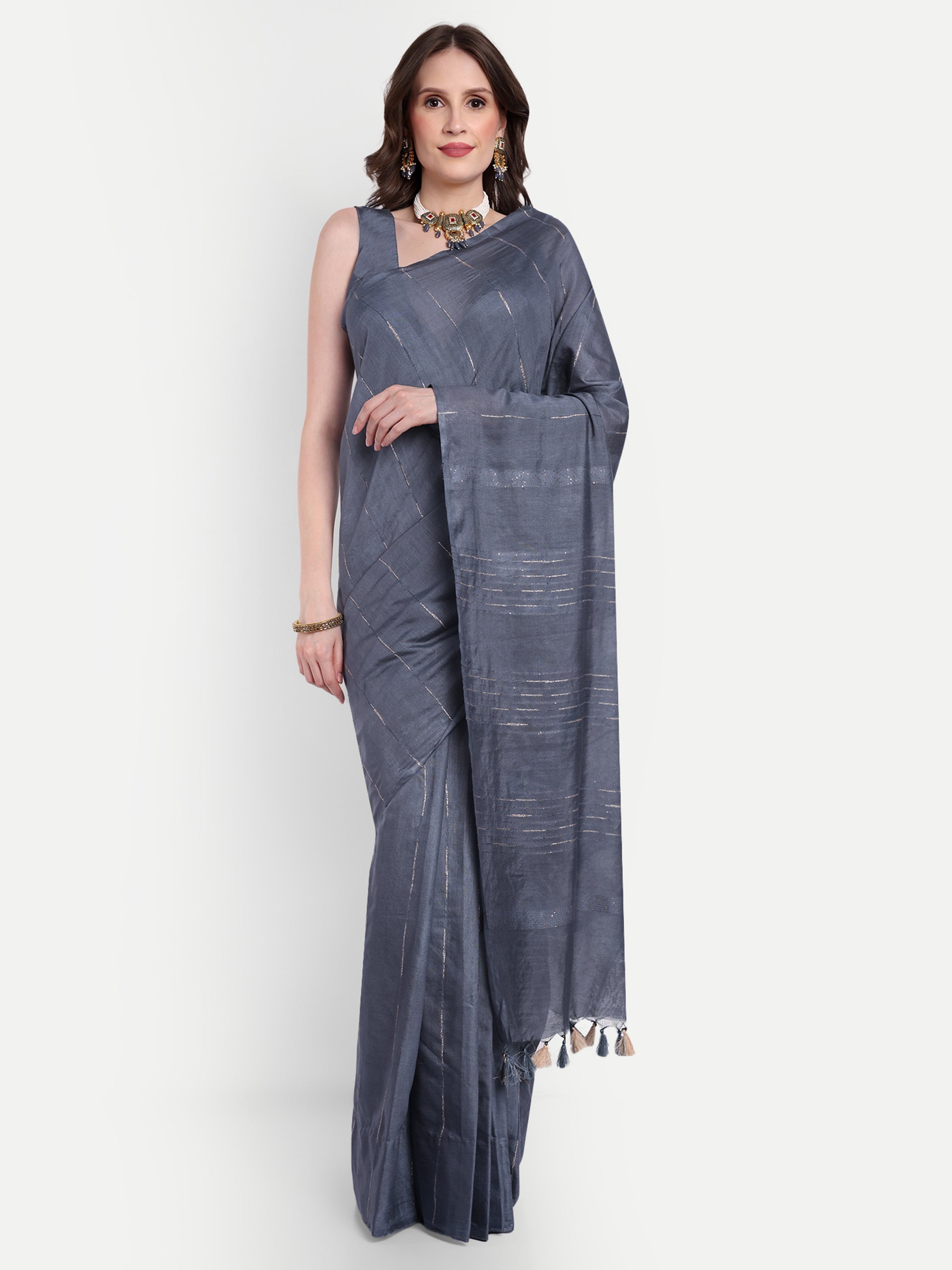 Grey Lunar Katan silk Ready To Wear Pocket Saree