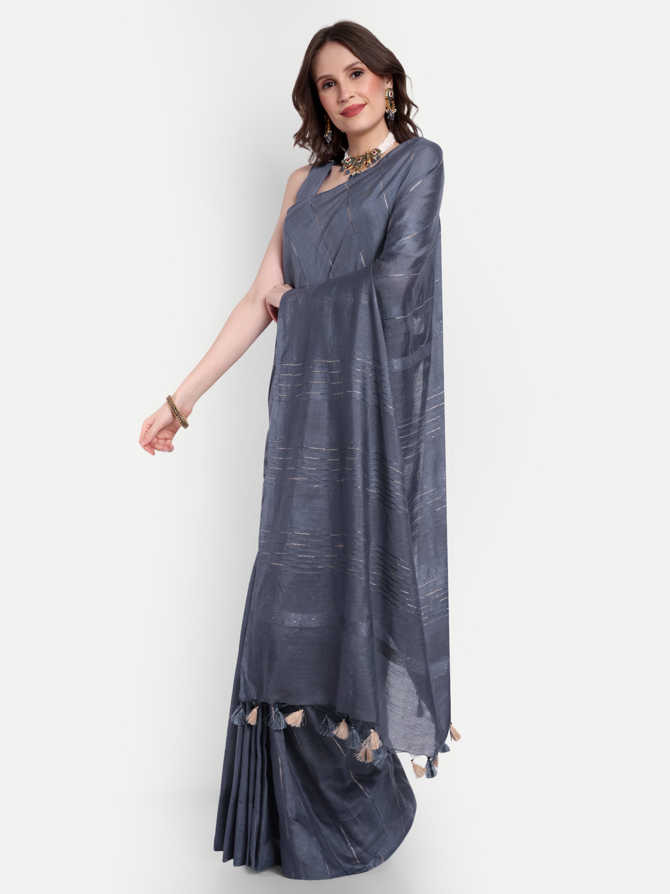 Grey Lunar Katan silk Ready To Wear Pocket Saree