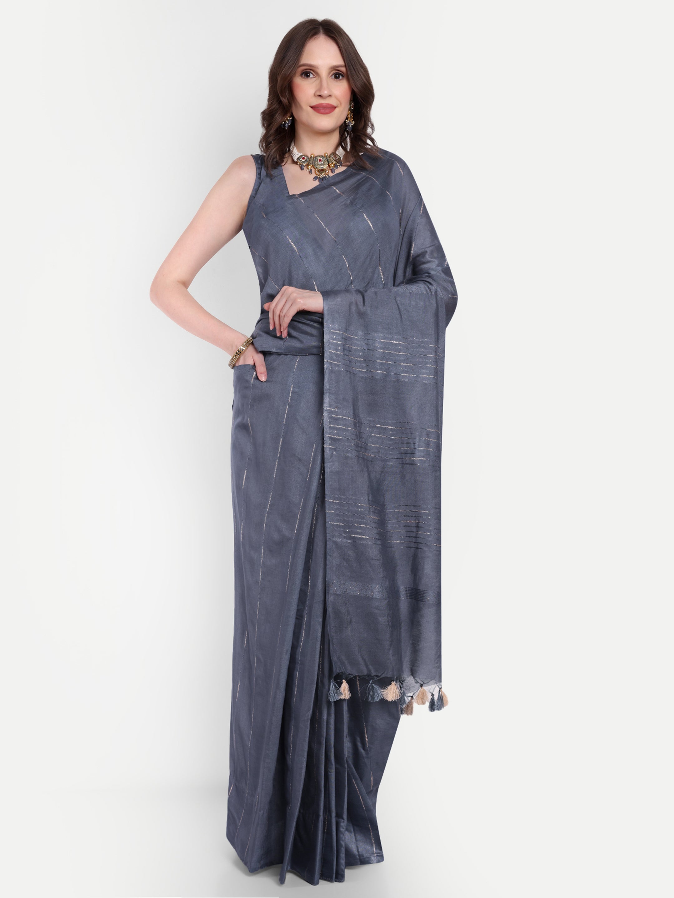 Grey Lunar Katan silk Ready To Wear Pocket Saree