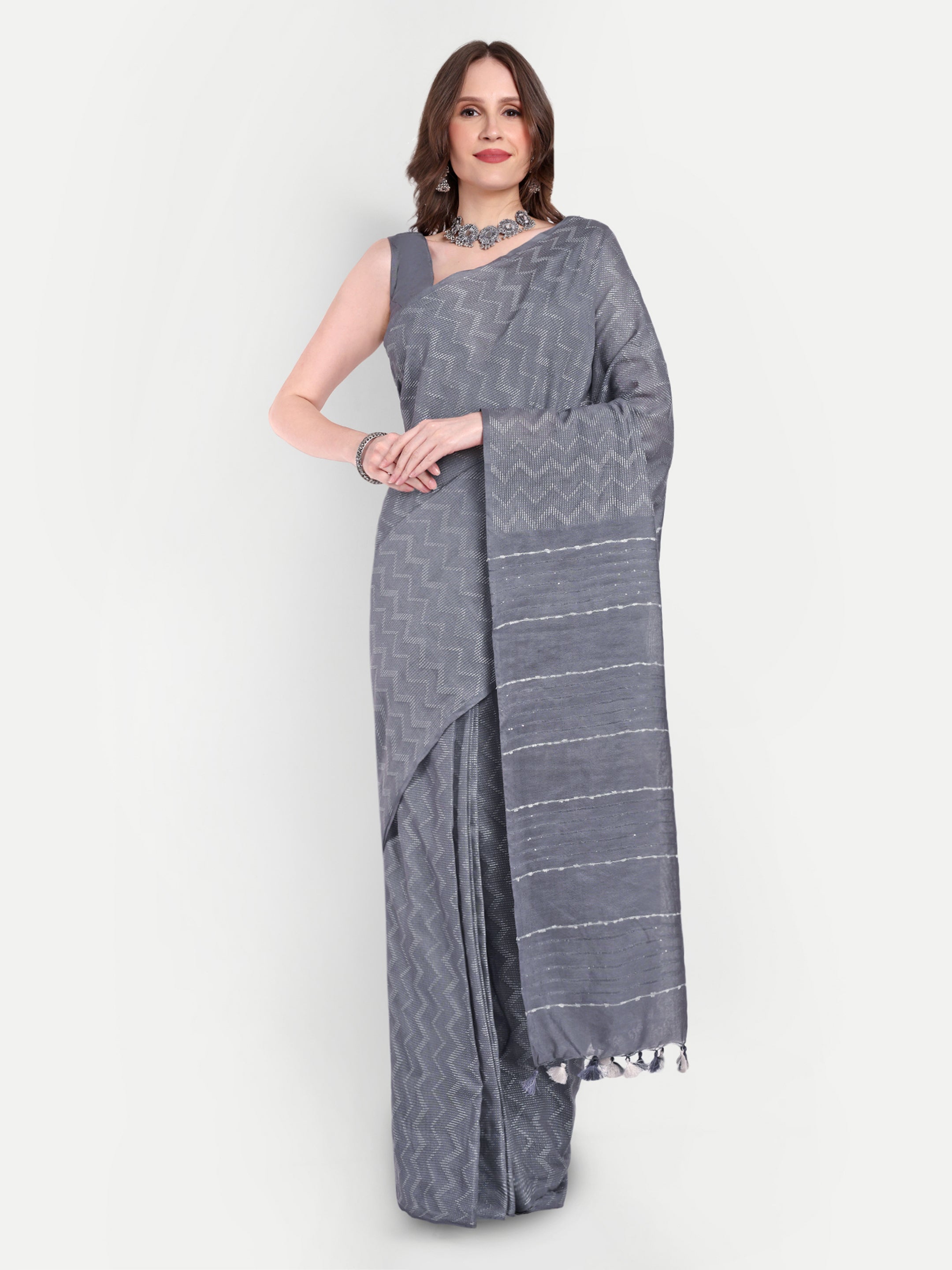 Grey Wave Katan Silk Ready To Wear Pocket Saree