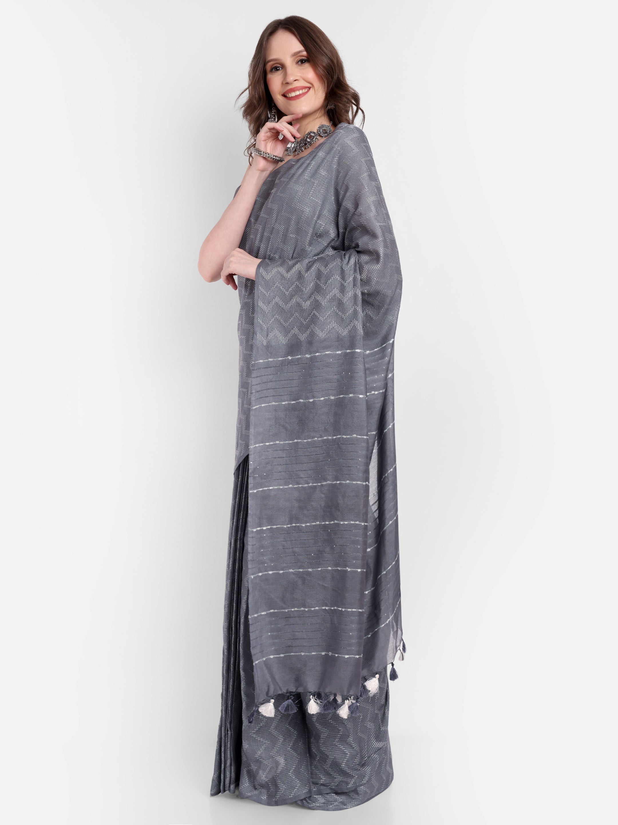 Grey Wave Katan Silk Ready To Wear Pocket Saree