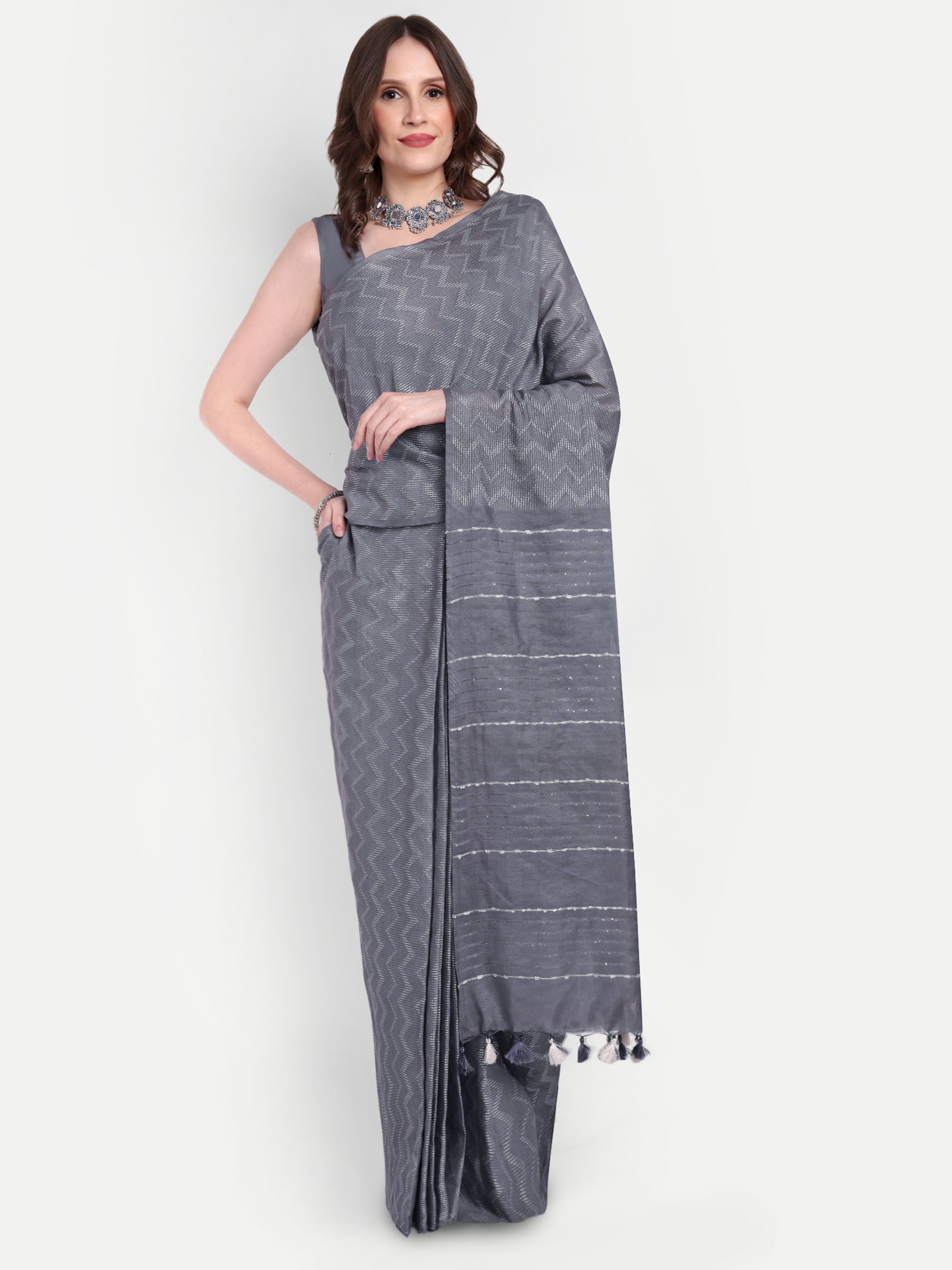 Grey Wave Katan Silk Ready To Wear Pocket Saree