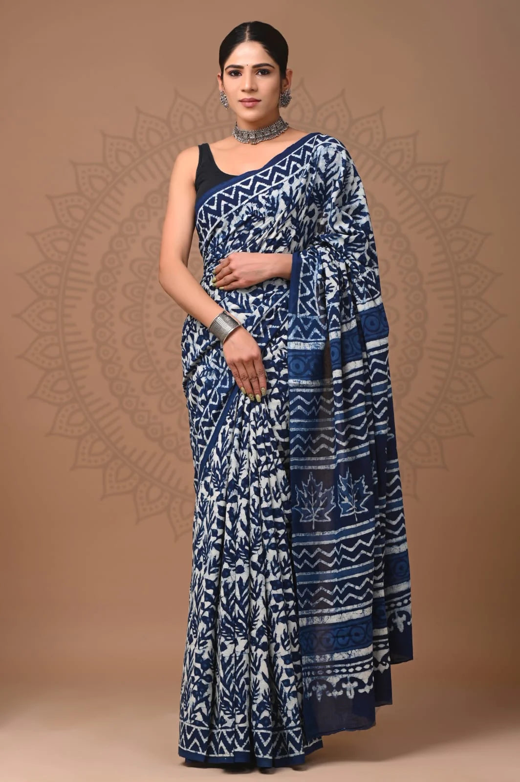 Indigo Natural Mul Cotton Ready To Wear Pocket Saree