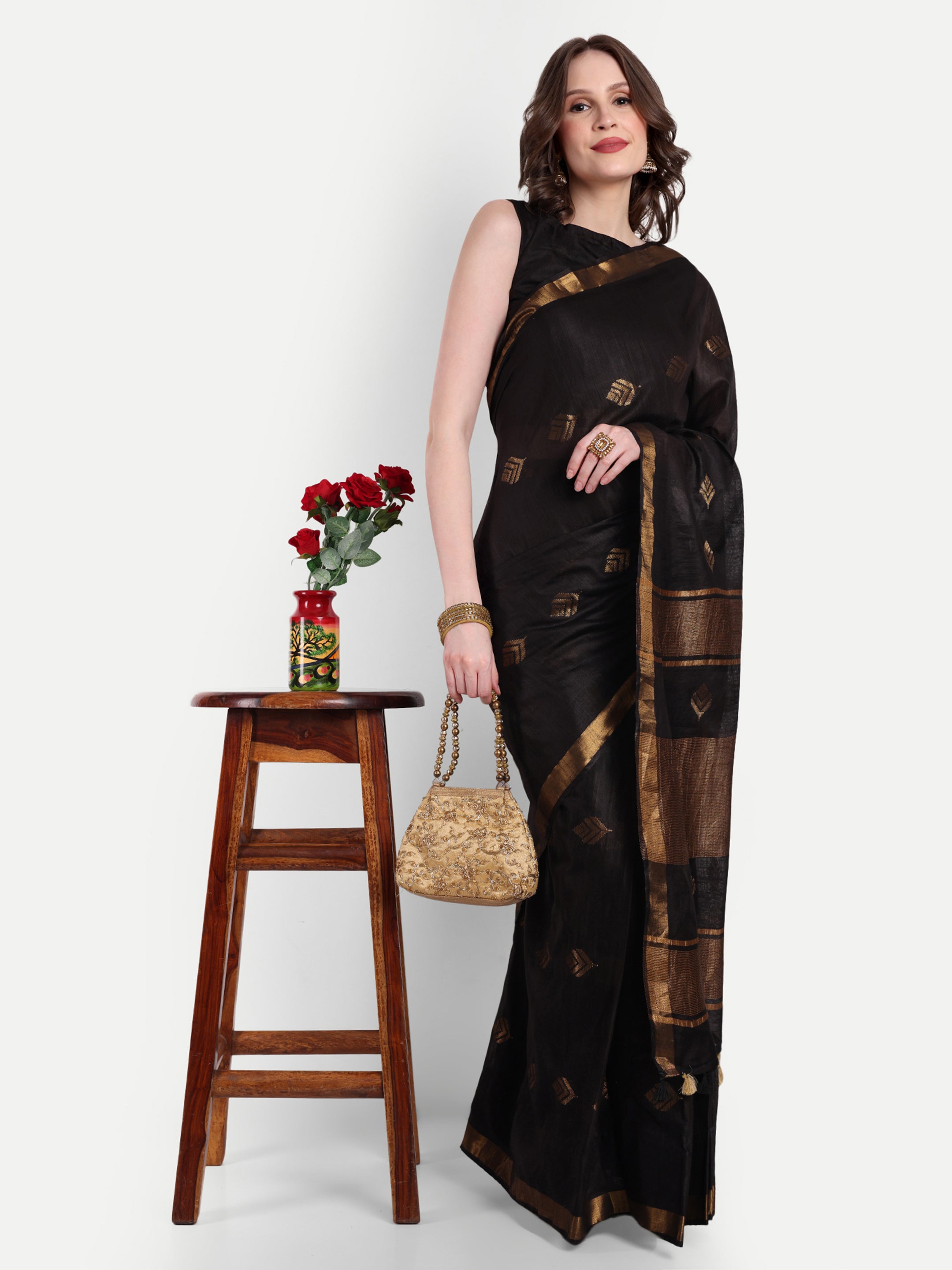 Midnight Gold Katan Silk Ready To Wear Pocket Saree