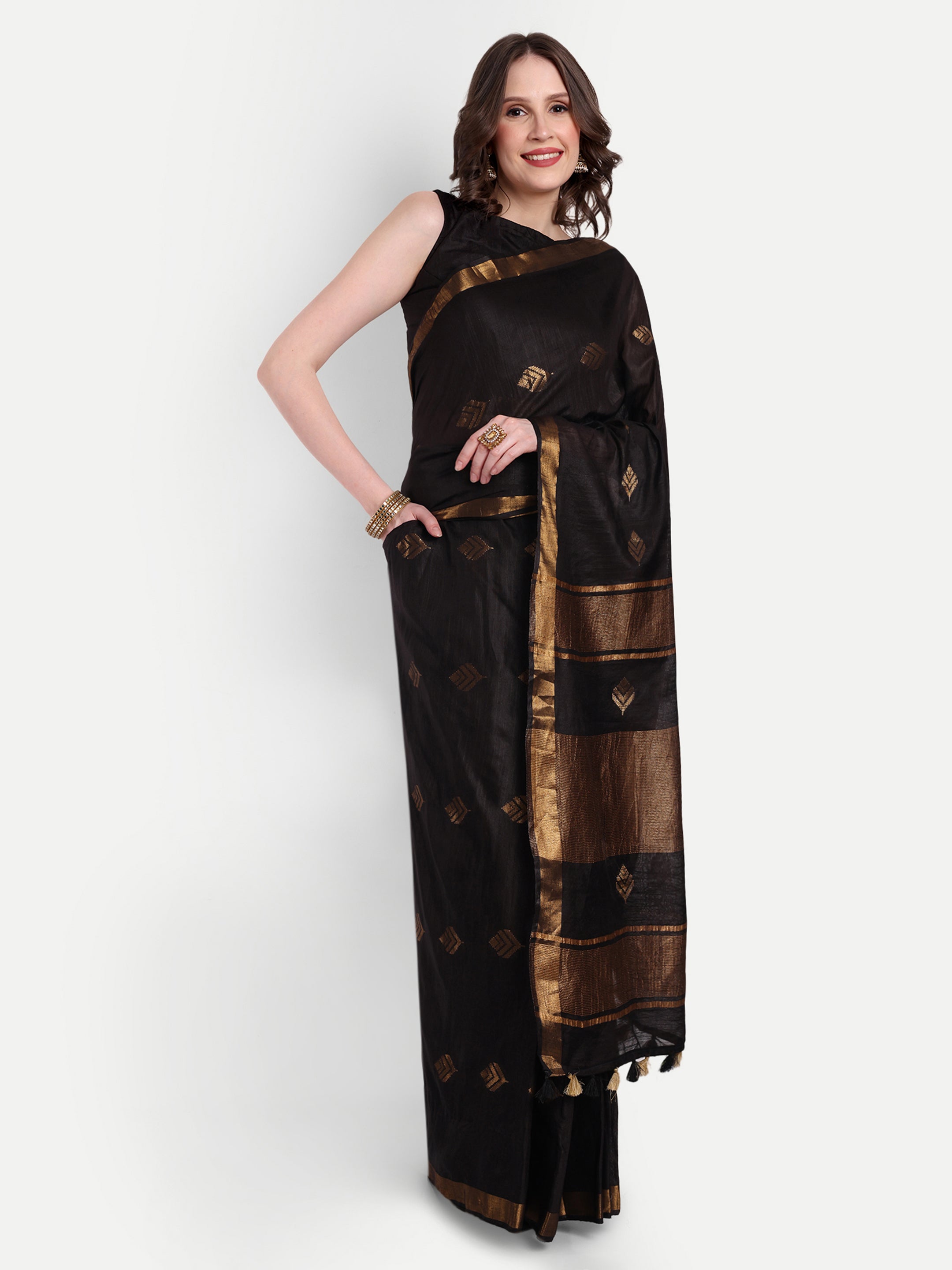 Midnight Gold Katan Silk Ready To Wear Pocket Saree