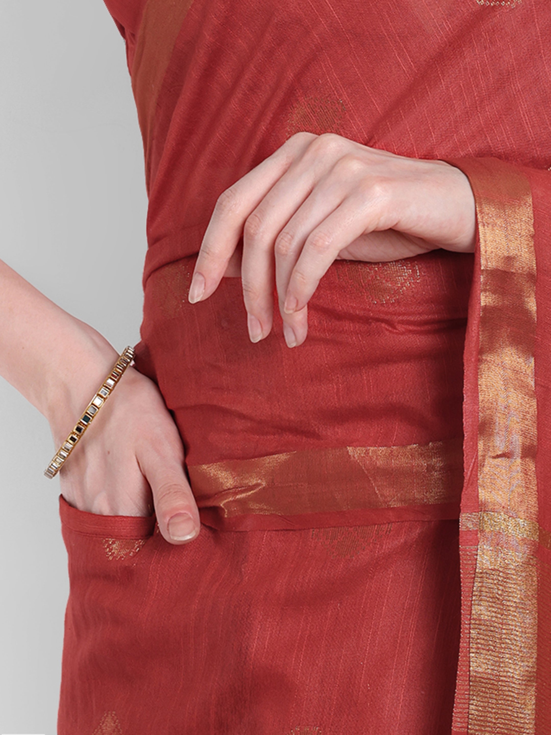 Regal Red katan Silk Ready To Wear Pocket Saree