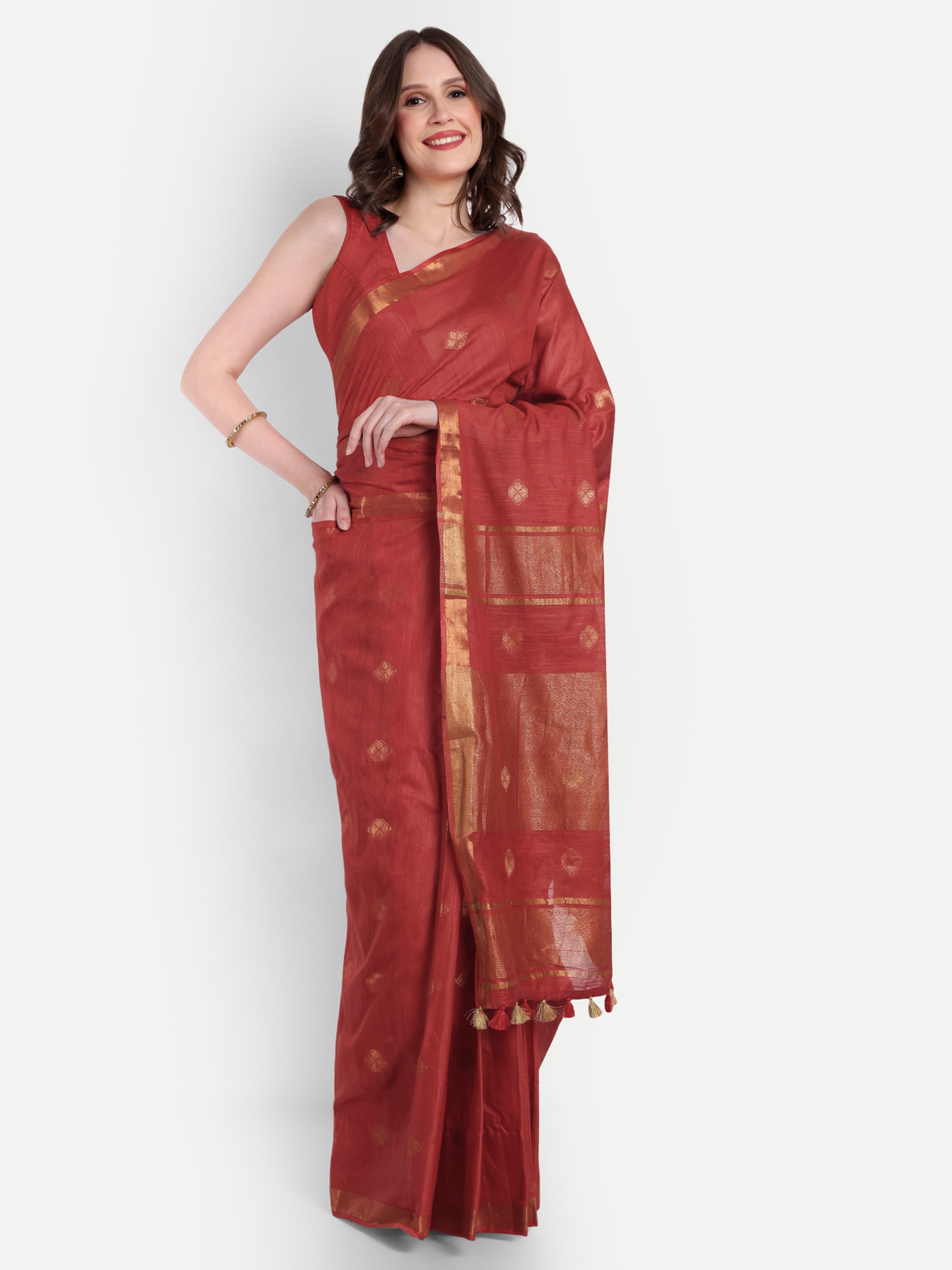 Regal Red katan Silk Ready To Wear Pocket Saree