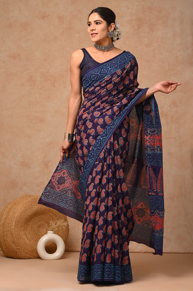 Peafowl Mul Cotton Hand Block Printed Ready-To-Wear Pocket Saree