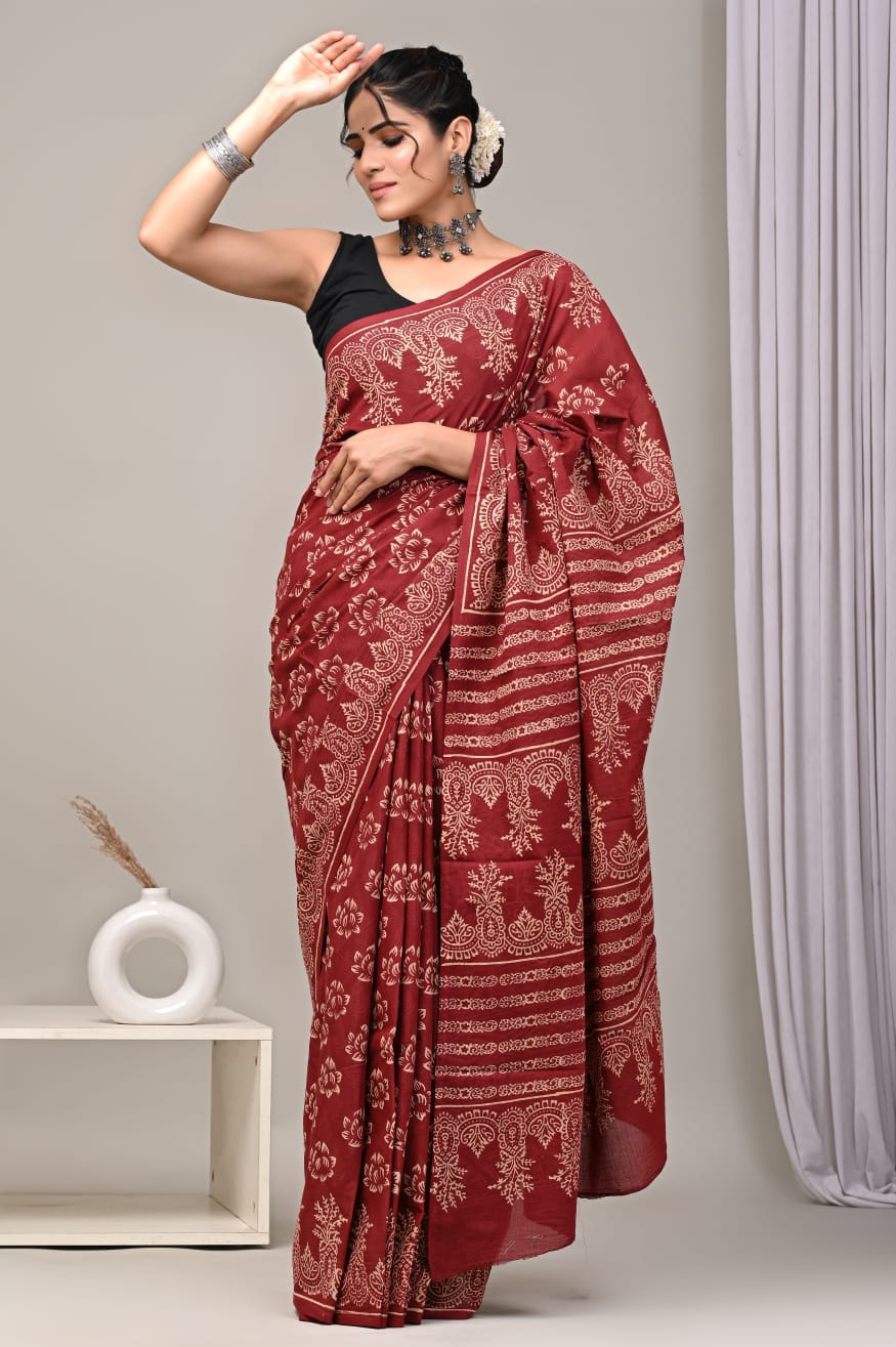 Azalia Mul Cotton Hand Block Printed Ready-To-Wear Pocket Saree