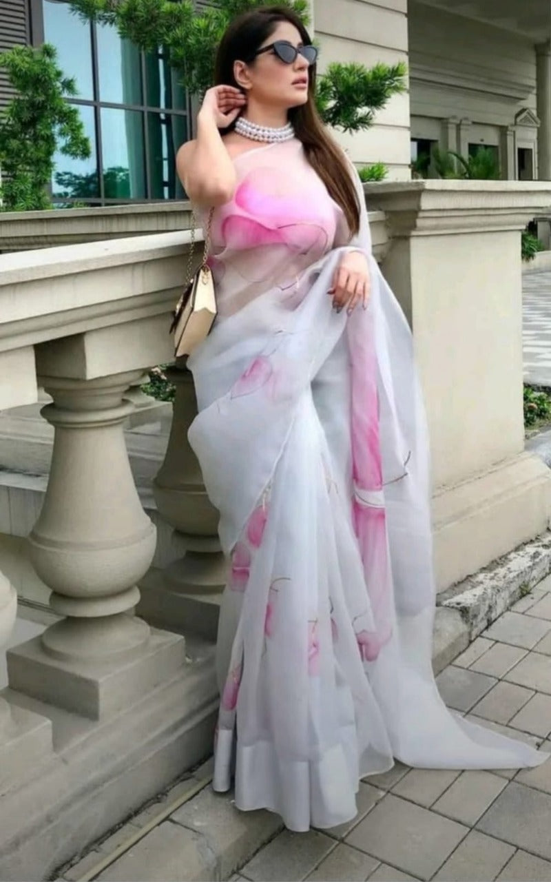 Rosy Lotus Organza Ready To Wear Pocket Saree