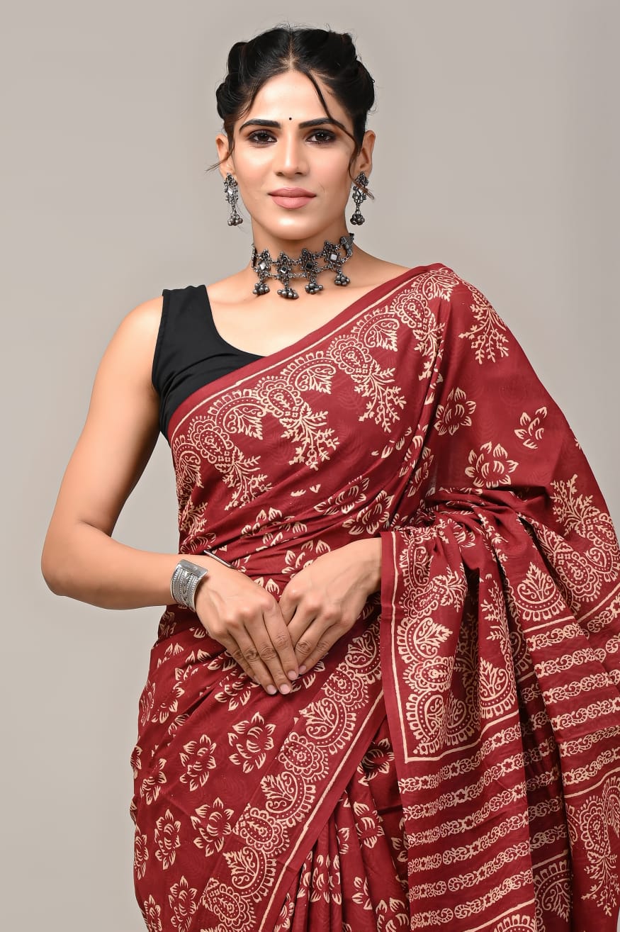 Azalia Mul Cotton Hand Block Printed Ready-To-Wear Pocket Saree