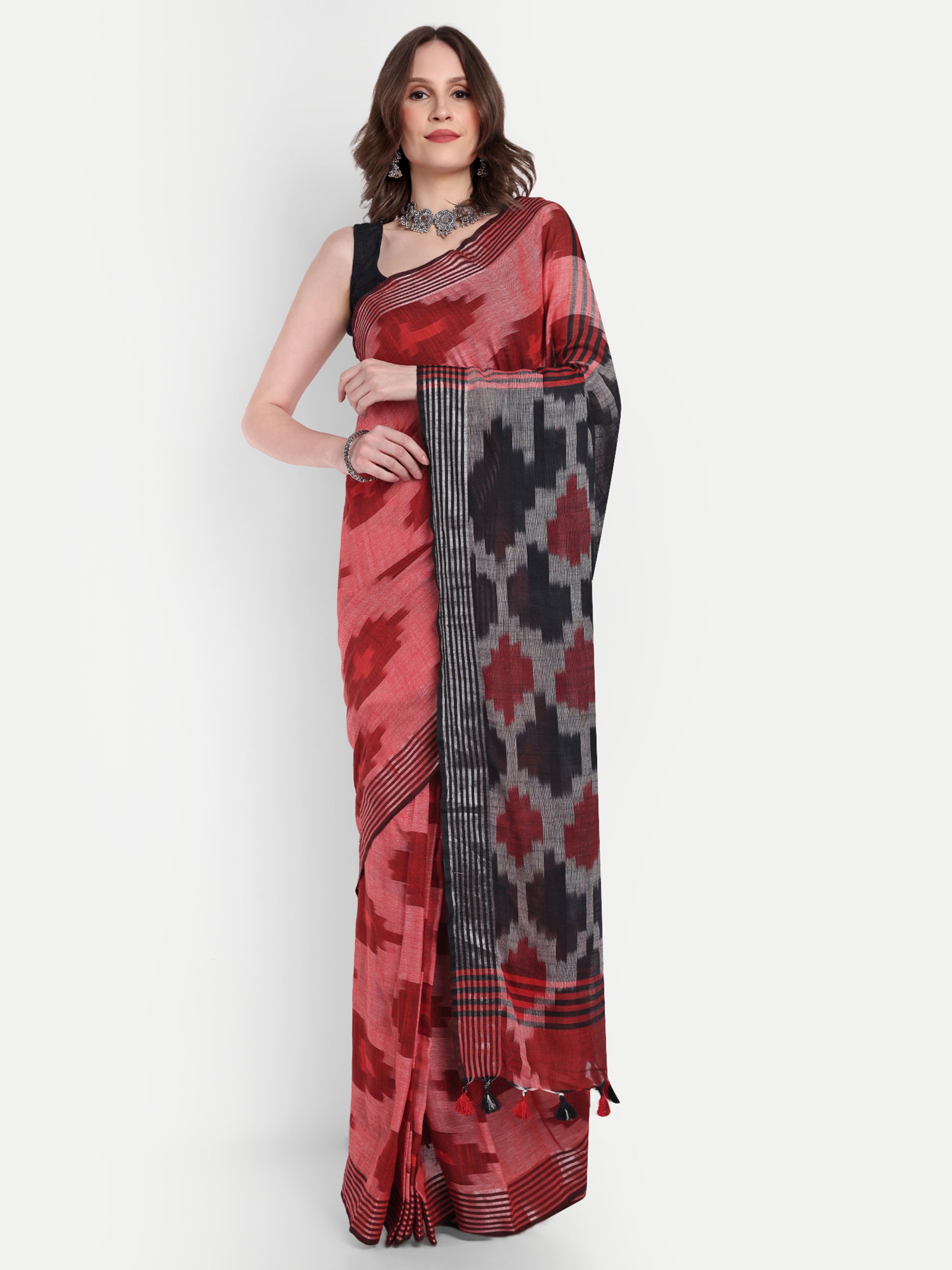 Scarlet Veil Ikat Cotton Ready To Wear Pocket Saree