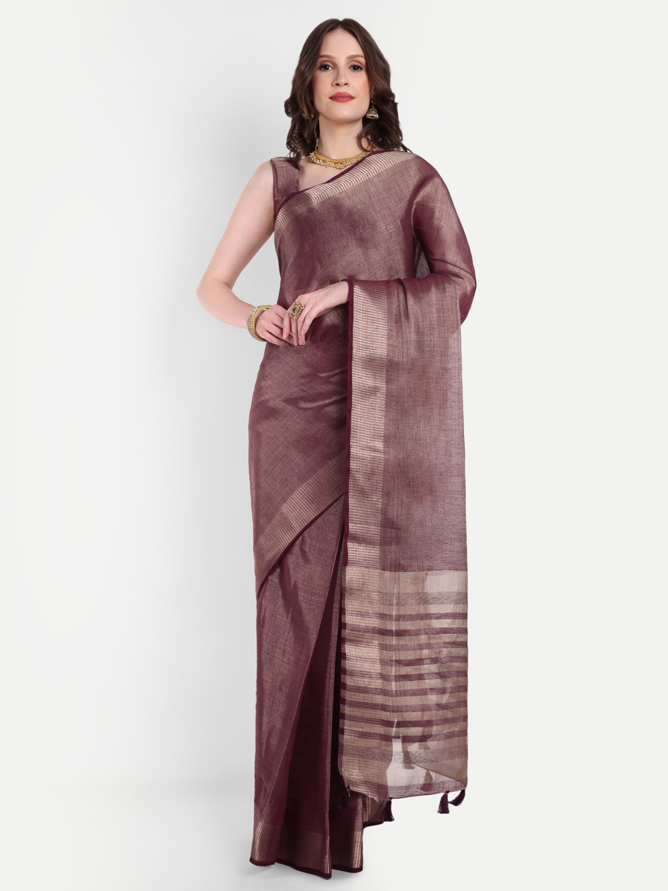 Wineberry Linen Tissue Silk Ready To Wear Pocket Saree